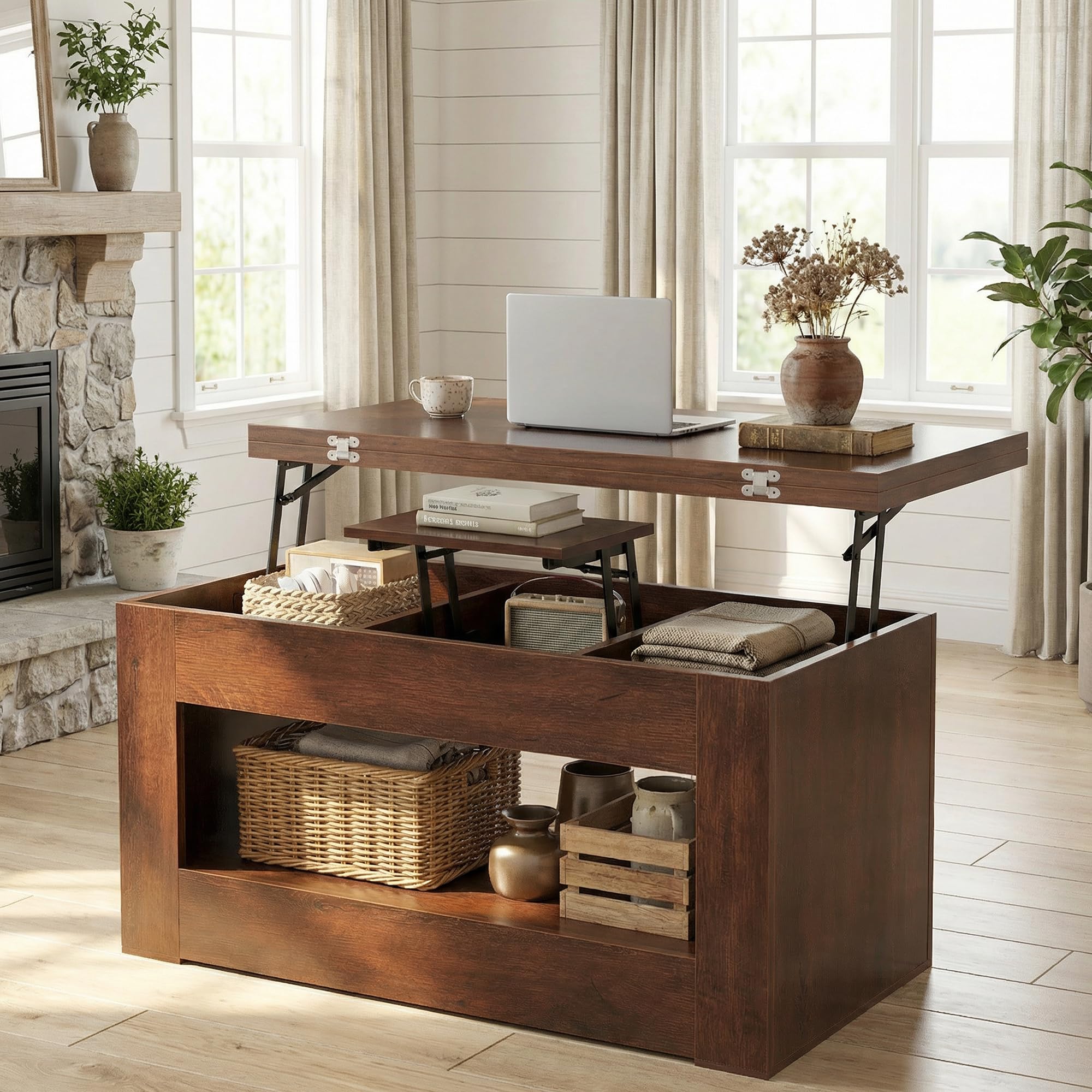 UNIQUITE 40" Lift Top Coffee Table, 4 in 1 Multi-Function Lift Coffee Tables with Storage and Hidden Compartment, Convertible Wood Coffee Tables to Dining Table for Living Room, Walnut