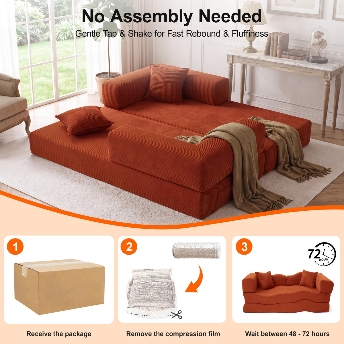 Vipbear 63" Convertible Futon Sofa Bed, 5-in-1 Boneless Couch with 2Pillows
