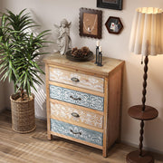 UWAMCIG Bohemian 4 Drawer Dresser, Boho Vintage Storage Cabinet, Rustic Solid Wood Accent Chest, Carved Wood Furniture, Traditional Country Style for Entryway, Living Room, Kitchen