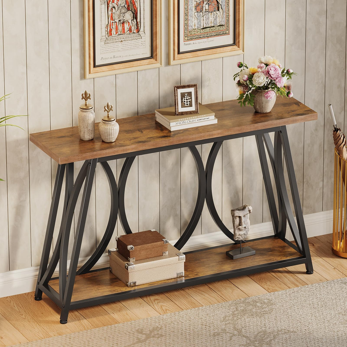GiftGo 47.24" Entryway Console Table, Industrial Sofa Table Behind Couch with Shelves, 2 Tier Narrow Wood Accent Table with Metal Frame for Living Room, Entrance, Hallway, Foyer, Rustic Brown