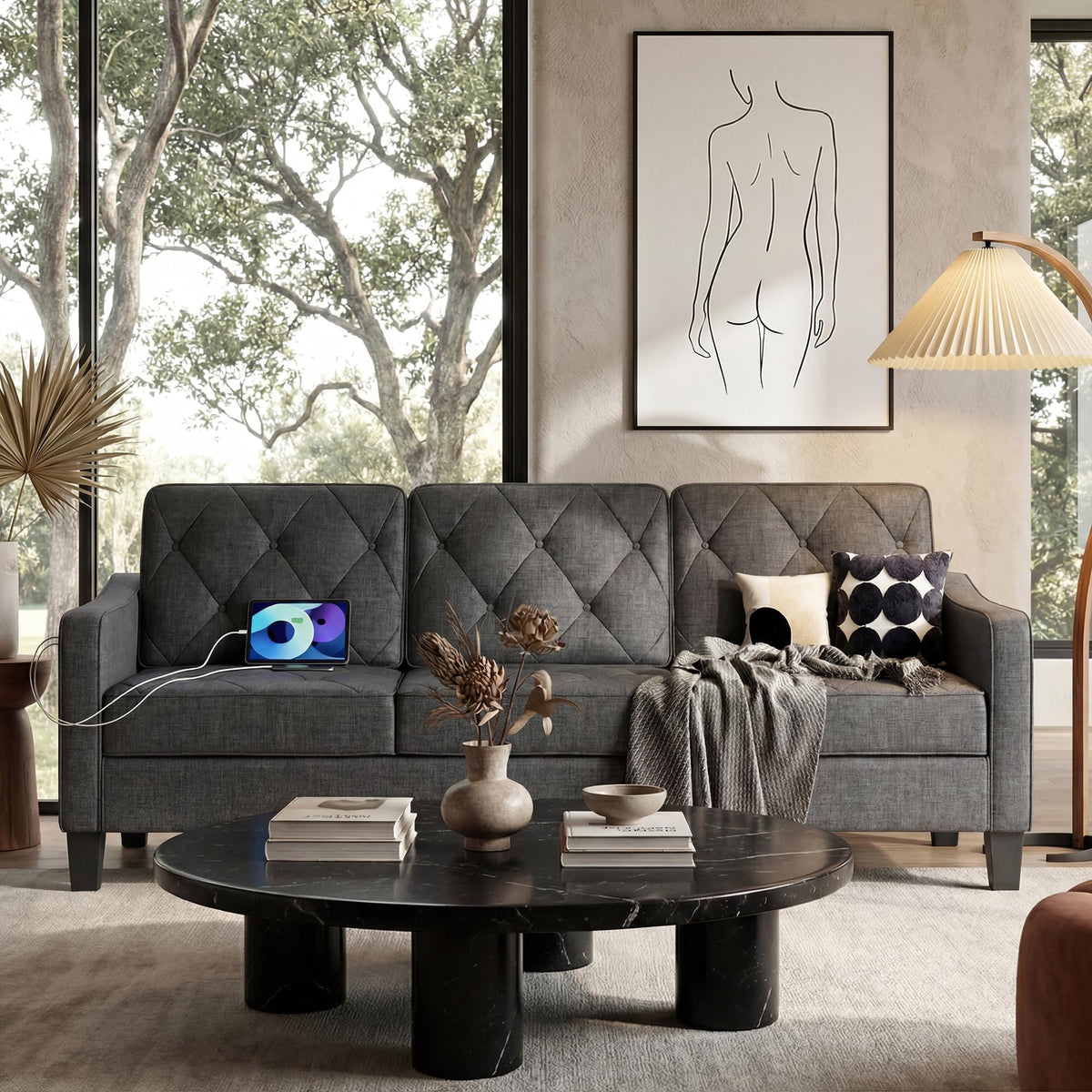 3-Piece Dark Grey Tufted Sofa Set