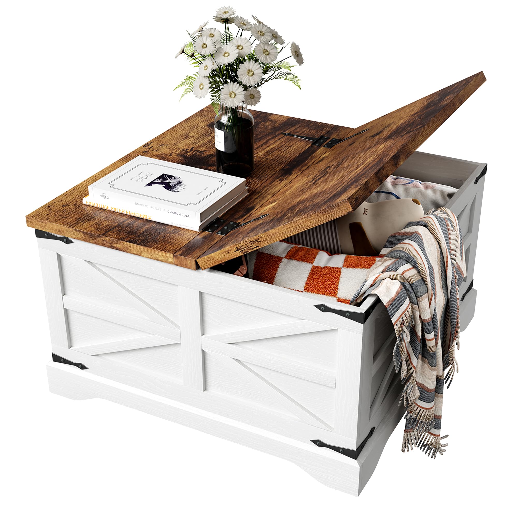 MXV Farmhouse Coffee Table with Storage, Square Coffee Tables for Living Room, Rustic Wood Center Table with Hinged Lifting Tabletop for Home, White
