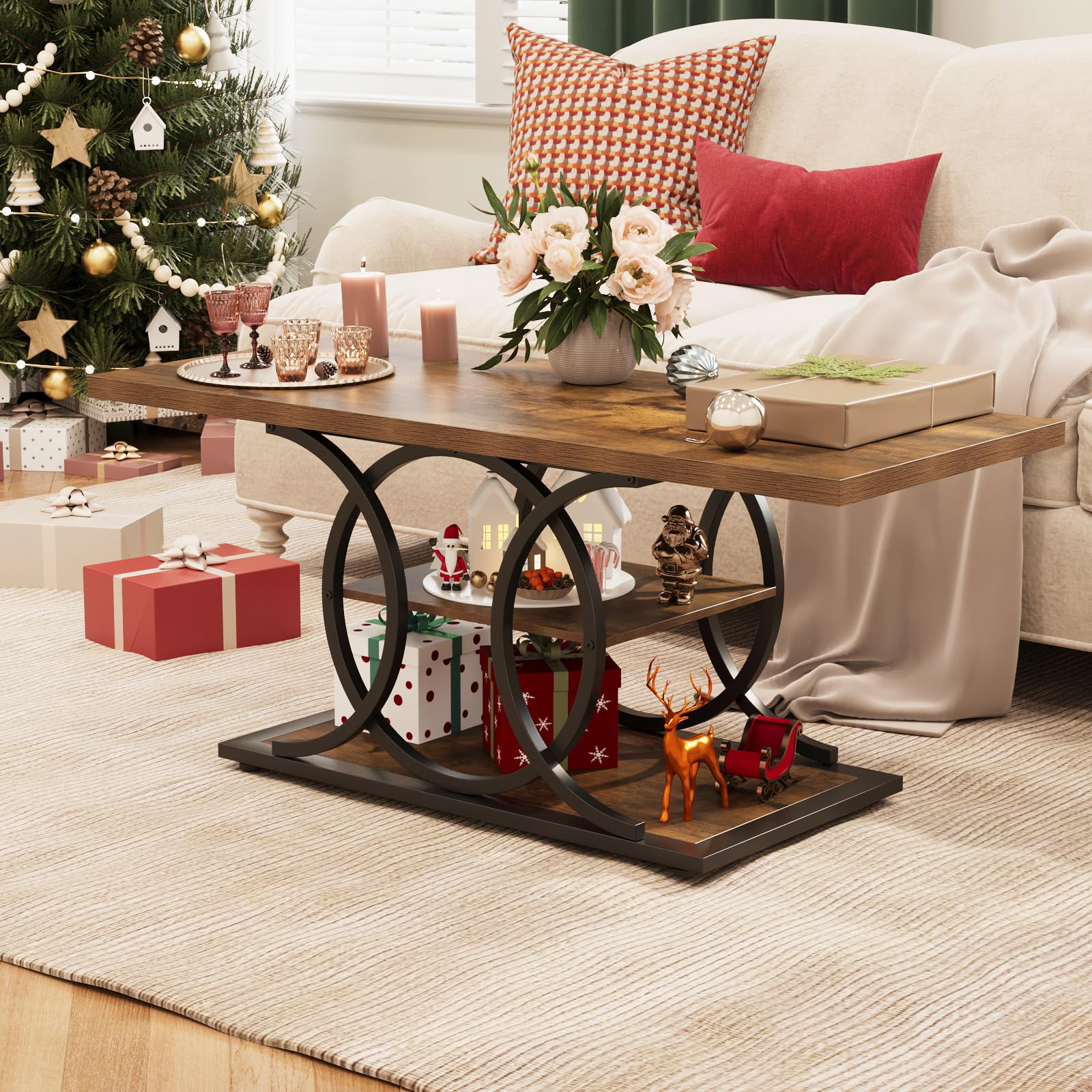 47" 3-Tier Rustic Coffee Table with Storage