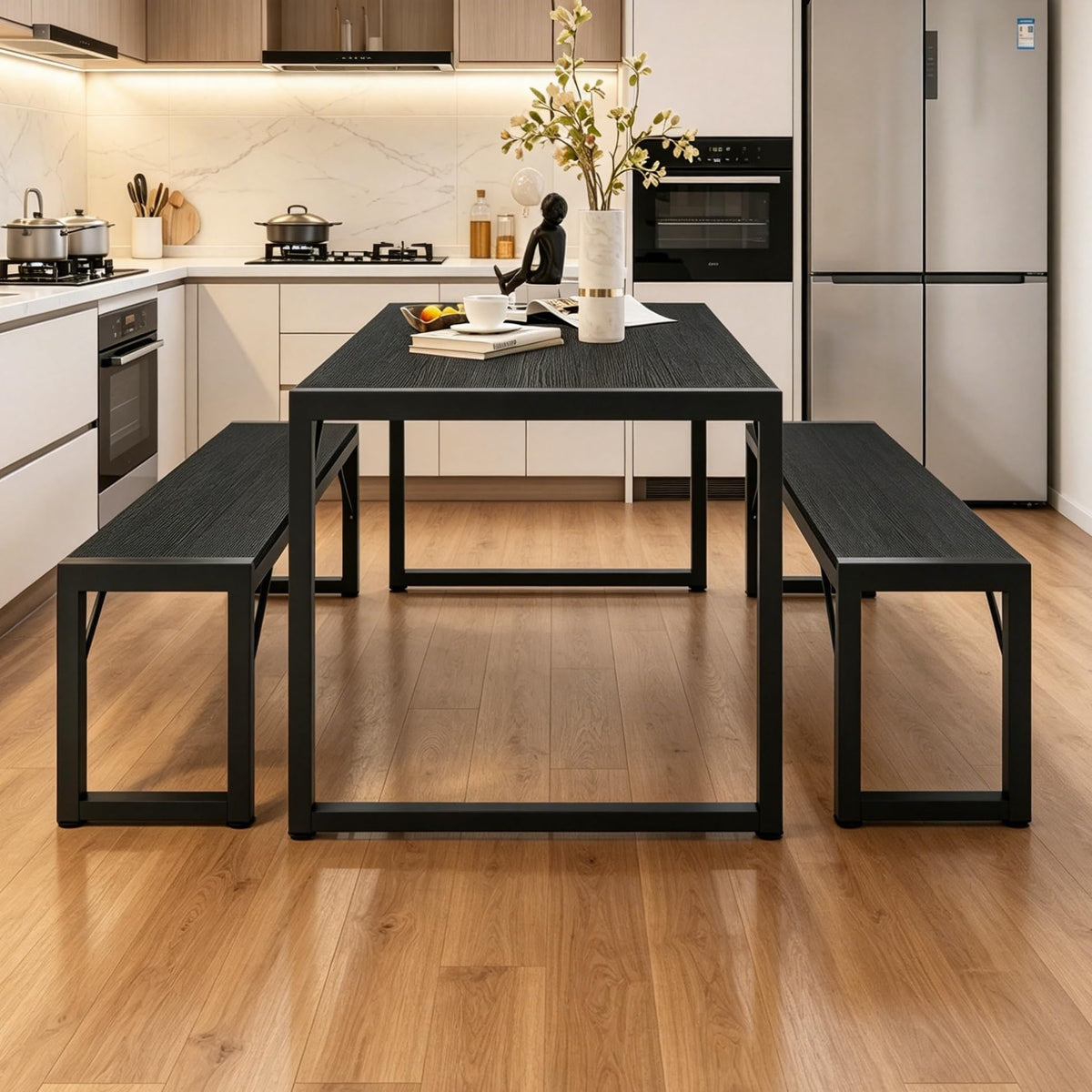Bealife Dining Table Set for 4 with Metal Frame and MDF Board - Black