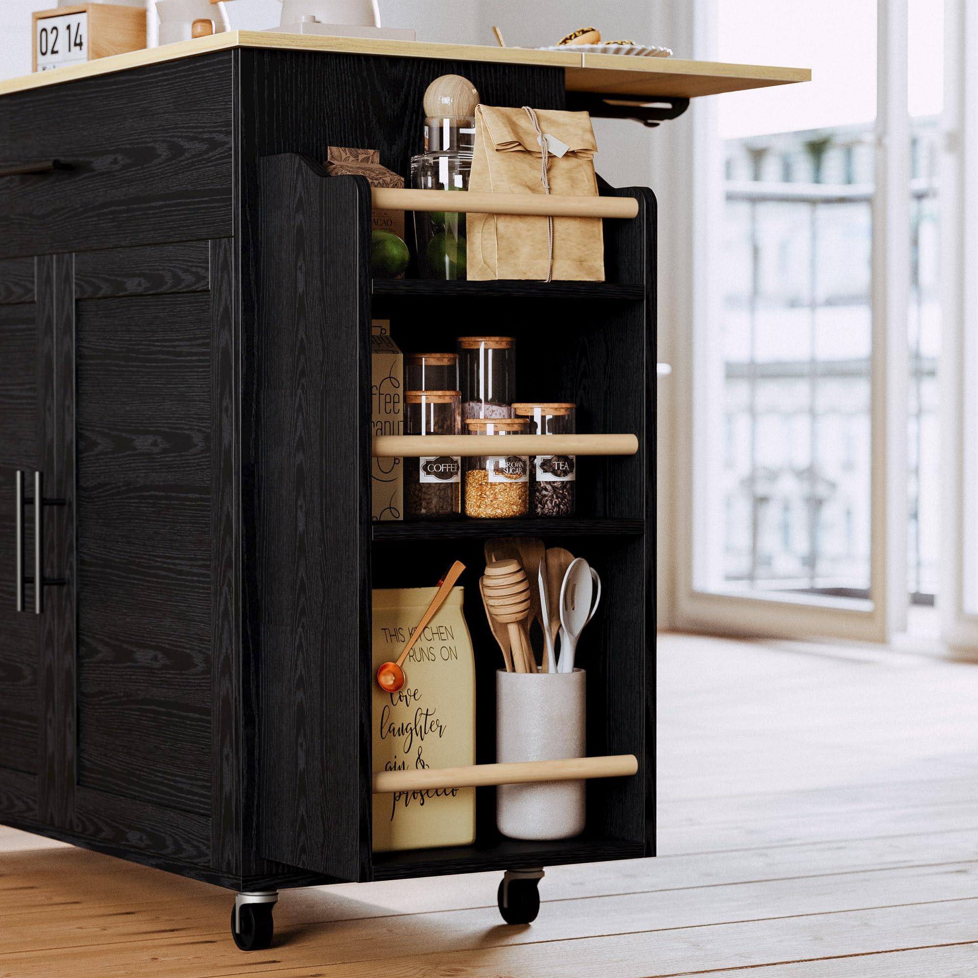 Rolling Kitchen Island with Drop Leaf & Charging Station