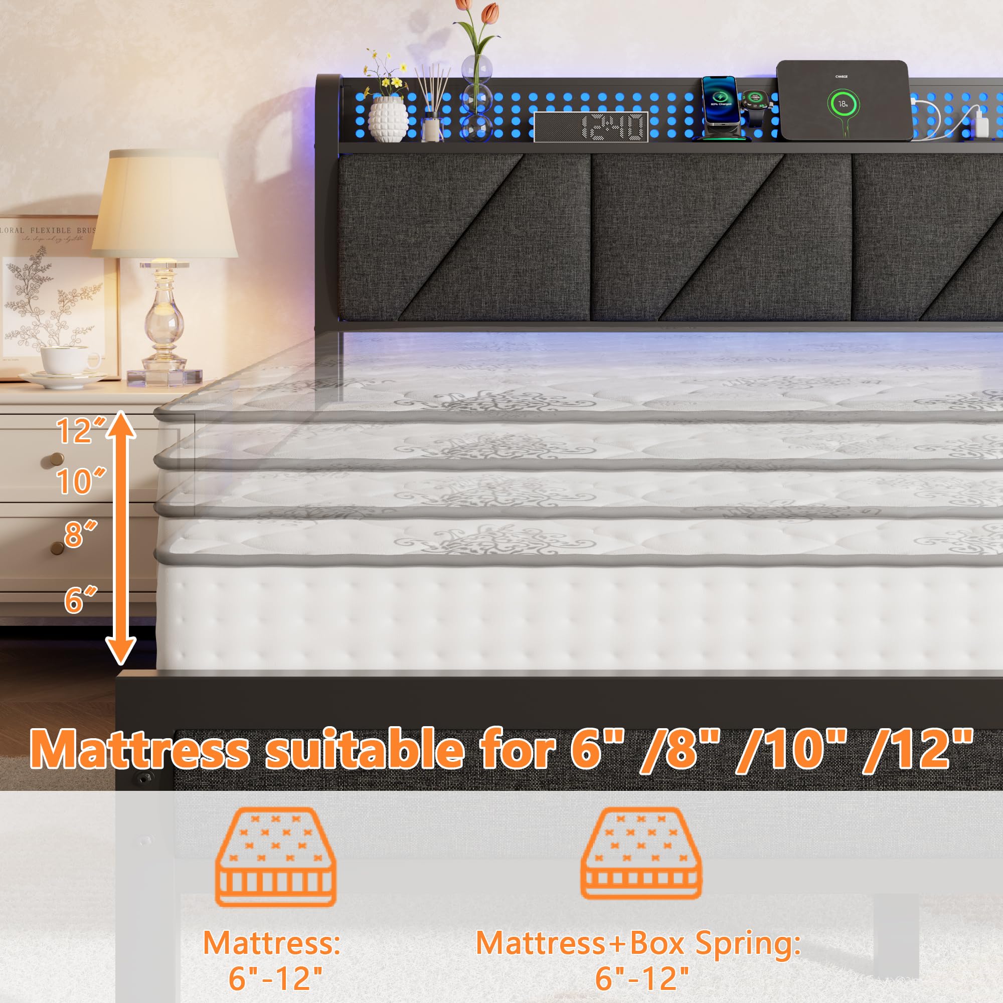 Platform Bed Frame with LED Headboard & Charging Station