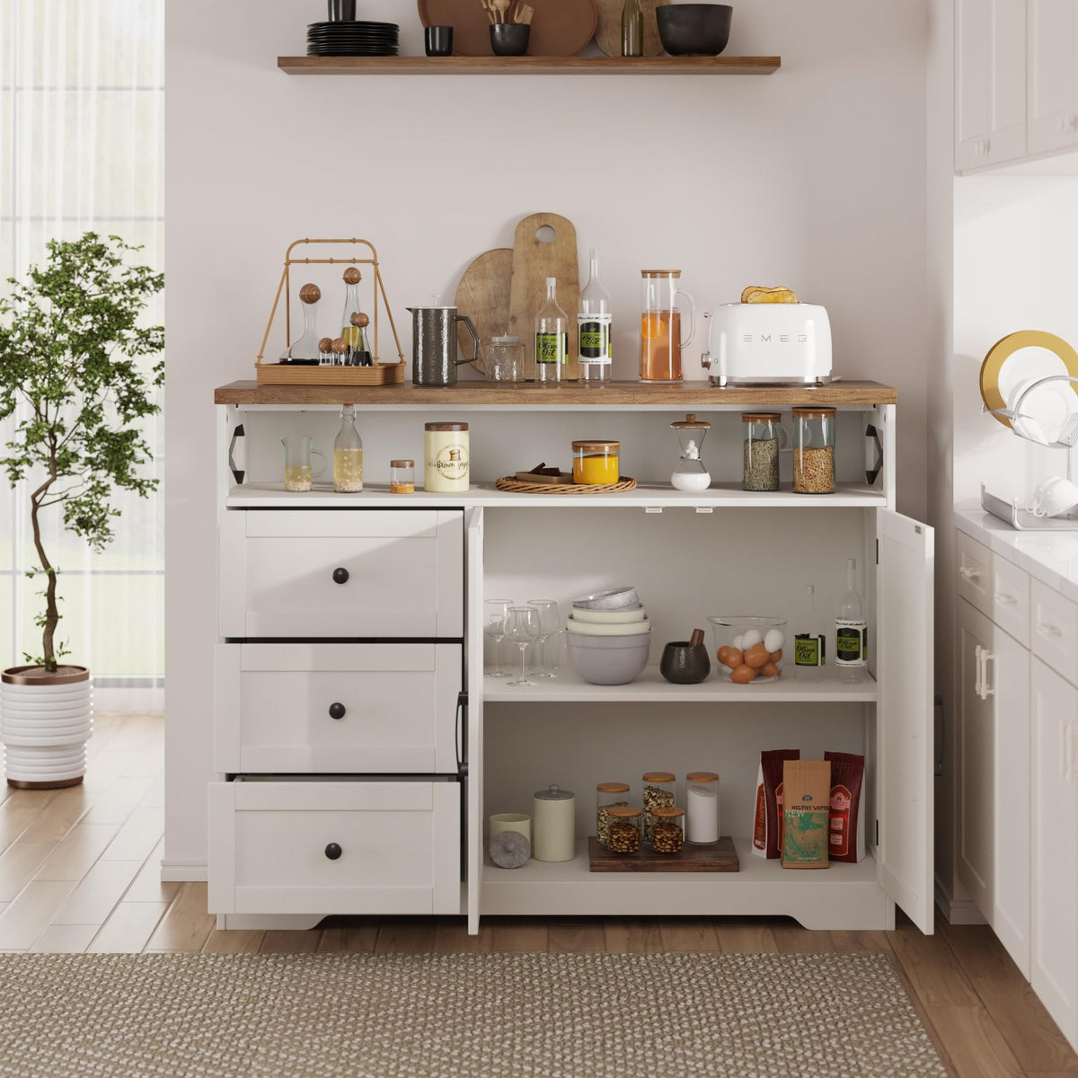 Befrases Farmhouse Buffet Cabinet with Drawers & Open Shelf