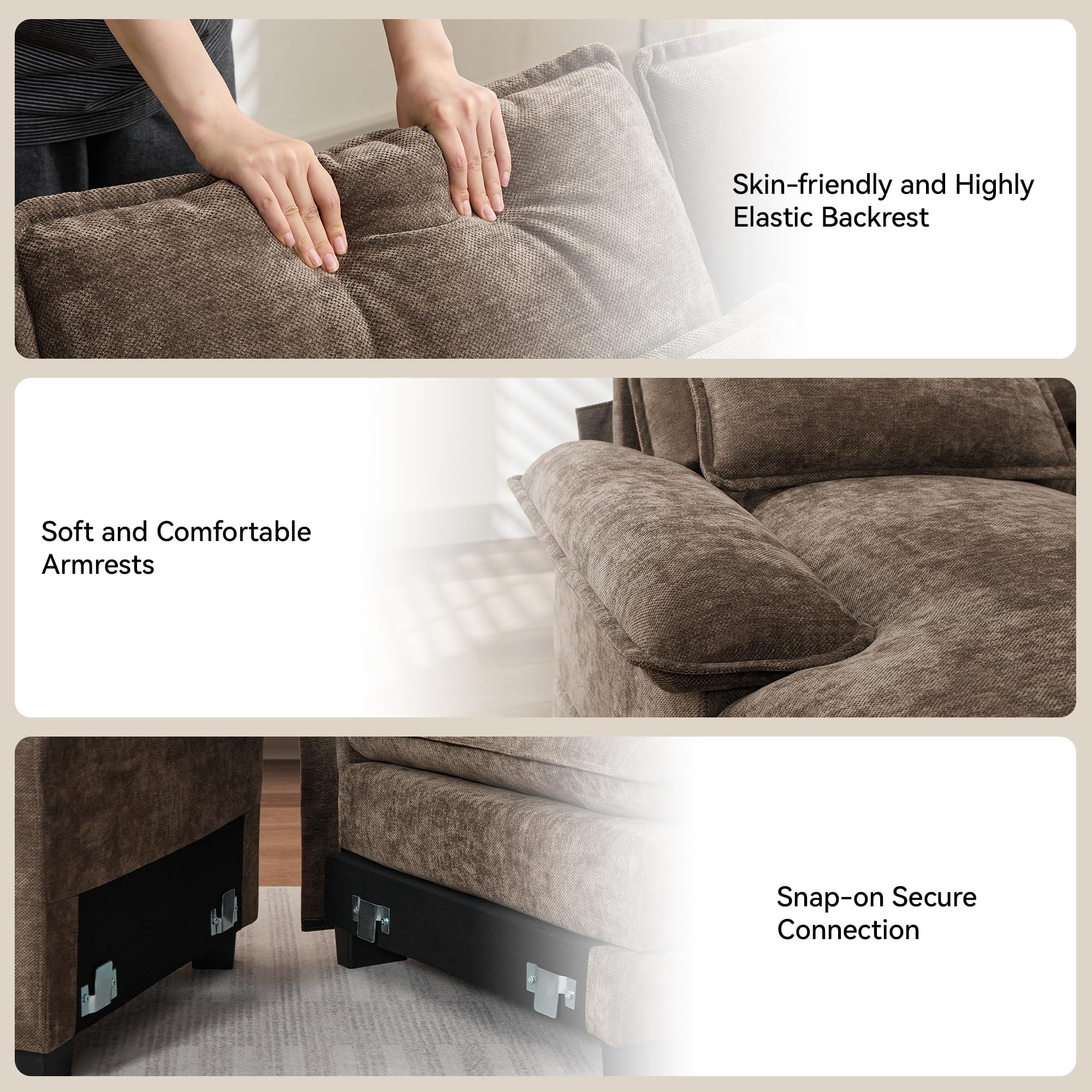 125" U Shaped Modular Cloud Couch, Small Deep Seat Sectional Sofa with Center Storage Console, USB Ports & Cup Holders, Comfy Couches for Living Room, Chenille Brown