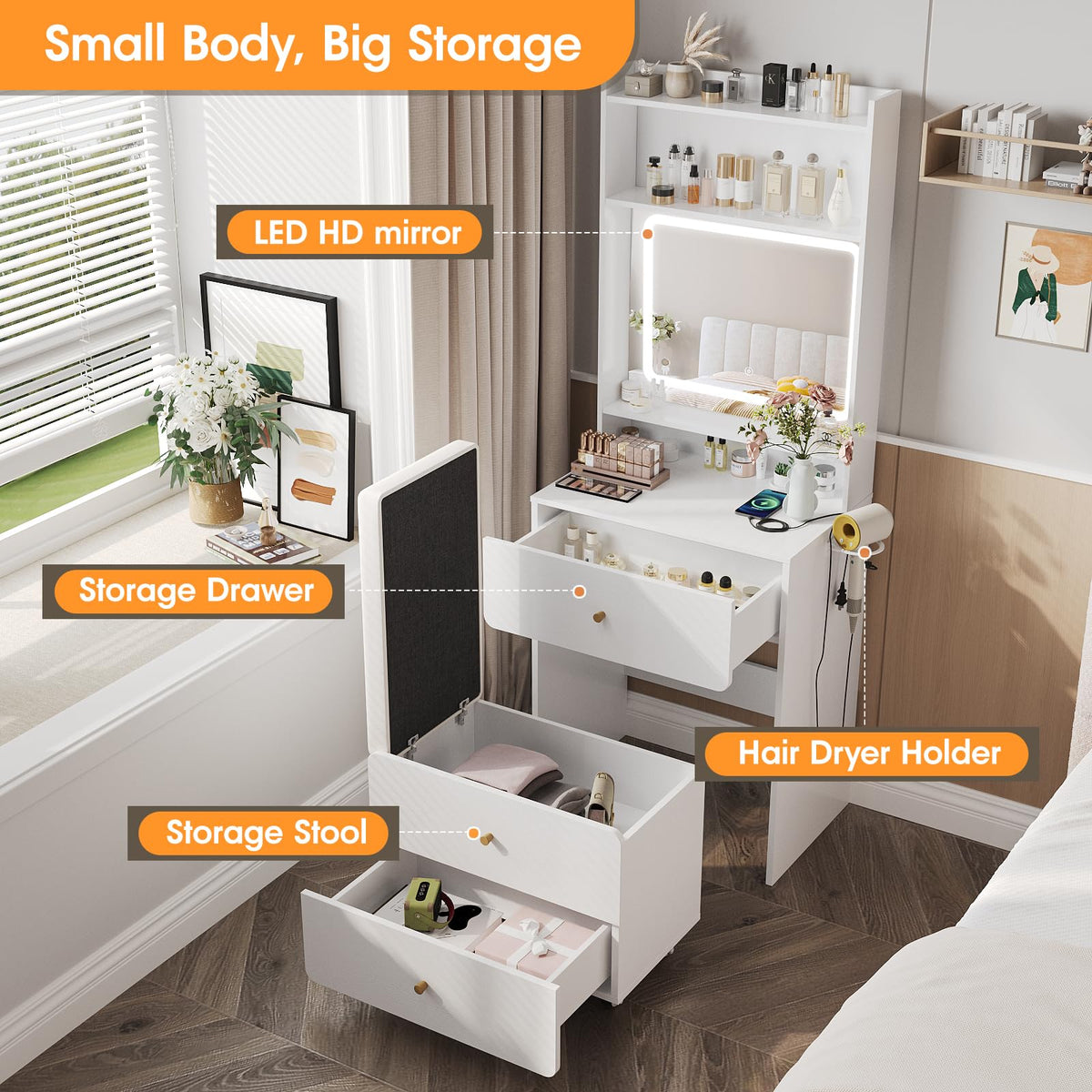 Make Up Vanity Desk with Mirror and Lights,Small Vanity With Storage Chair