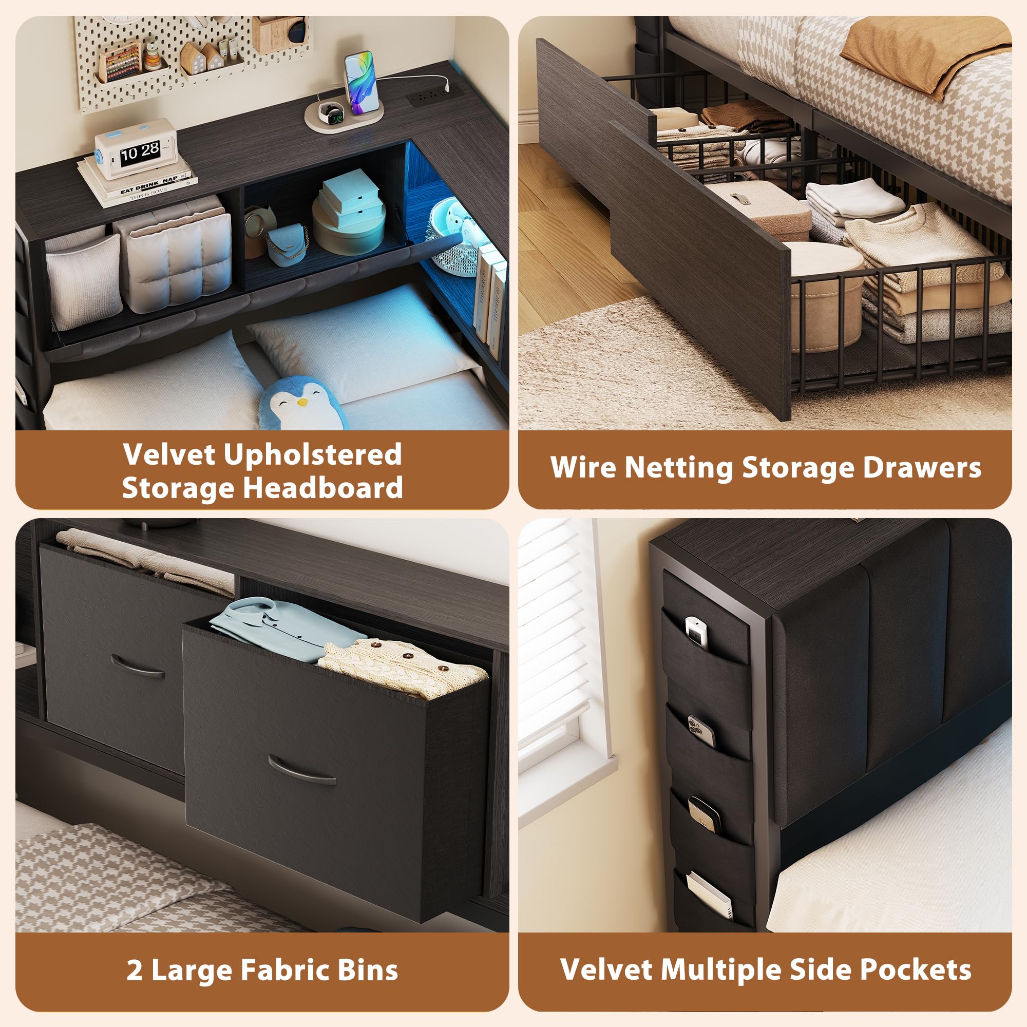 L-Shaped Corner Bed Frame with Storage & LED