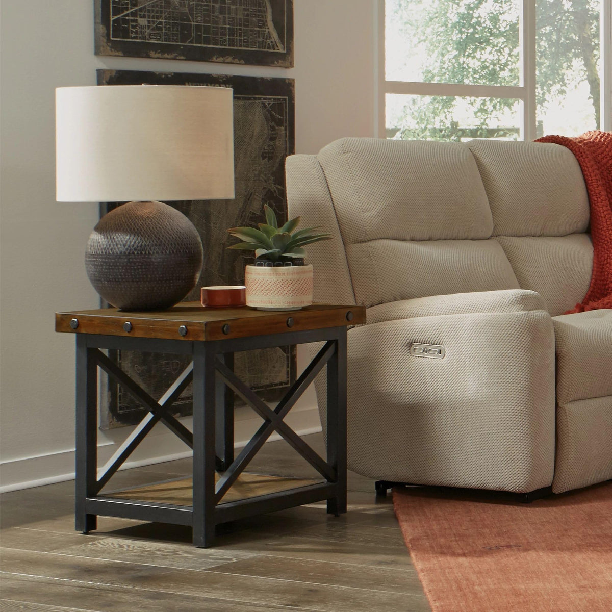 Flexsteel Brown Solid Acacia Wood End Table with Metal Frame