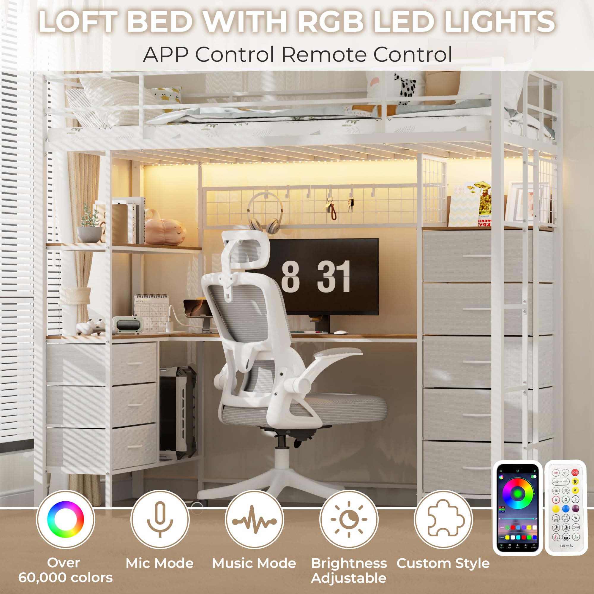 Twin Loft Bed with Desk & LED Lights