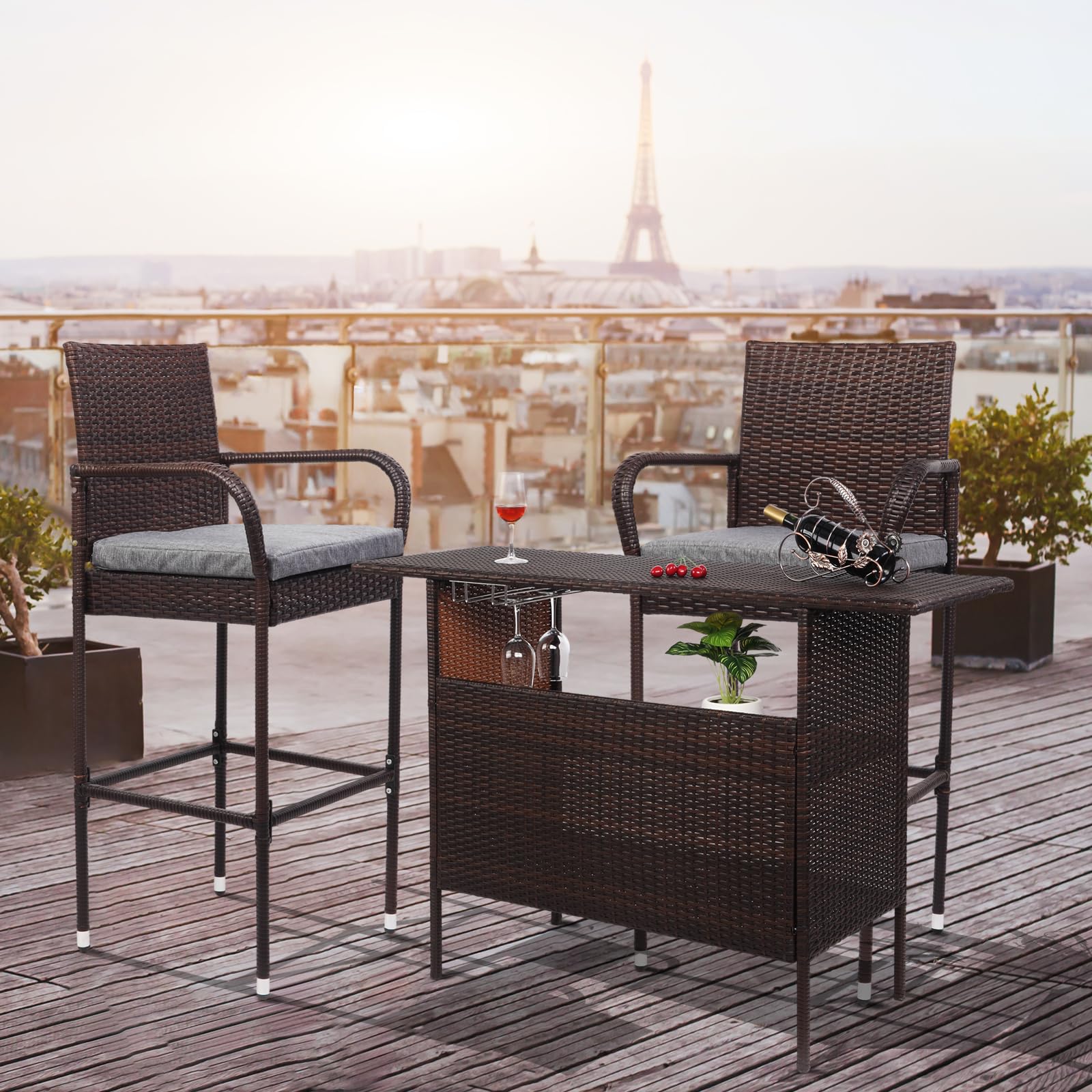 VINGLI Wicker Outdoor Bar Table with 2 Steel Shelves, Sets of Rails, Rattan Patio Storage for Backyard, Poolside, Garden