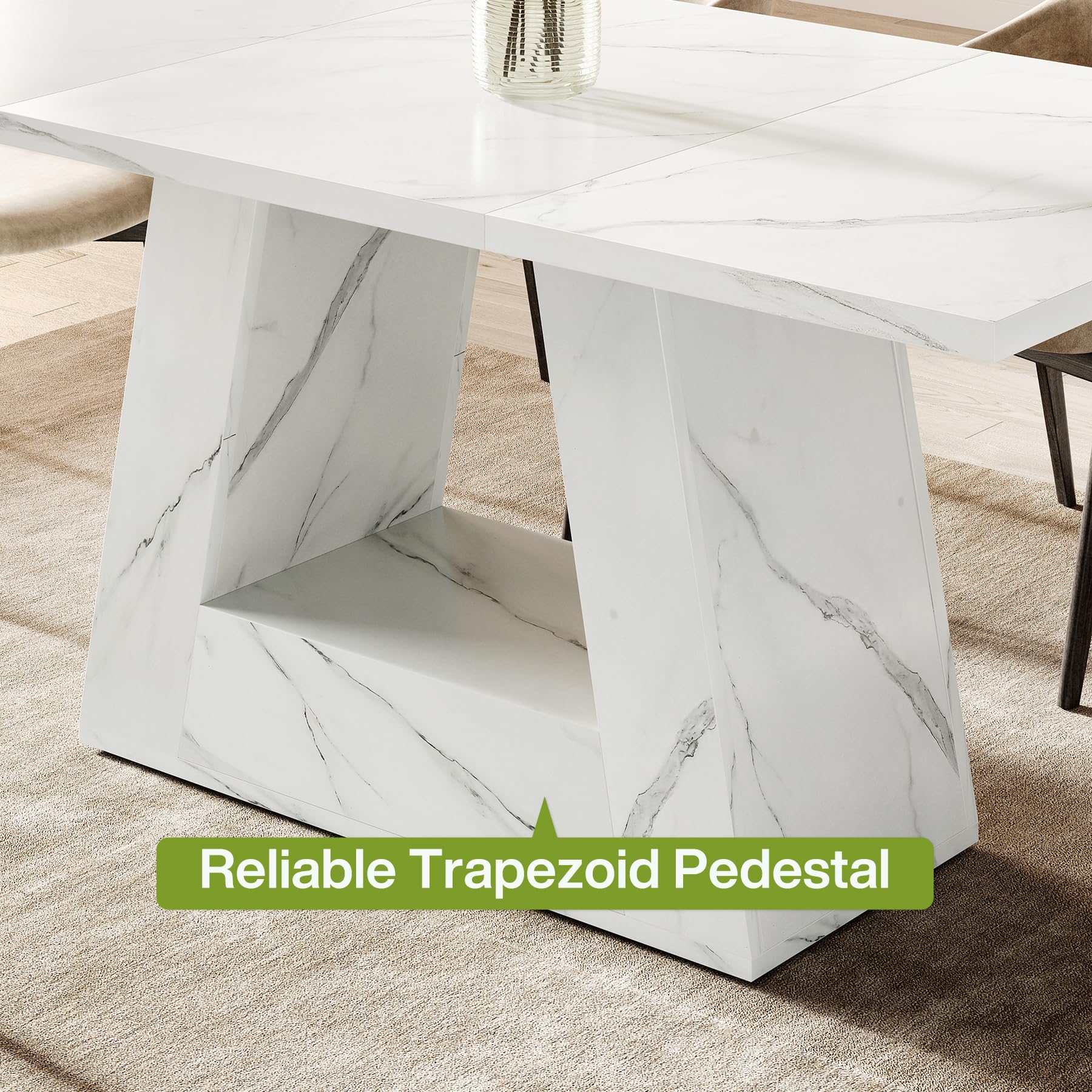 63" Rectangle Dining Table | Faux Marble Top | Triangle Pedestal Base
