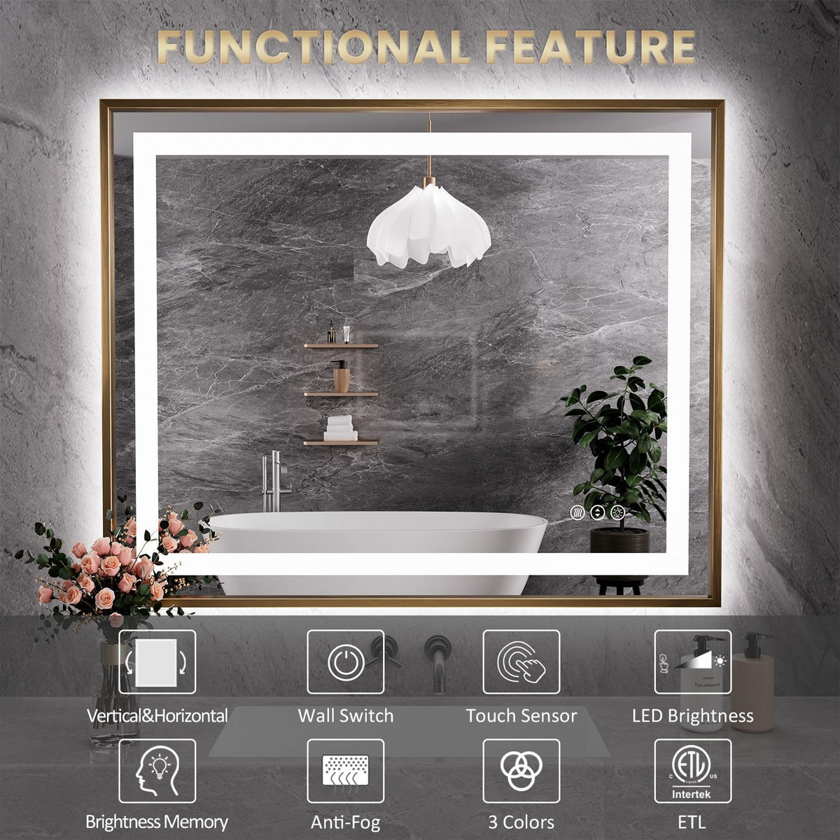 Amorho 55"X36" LED Bathroom Mirror with Front Lit and Backlit(Brushed Gold)