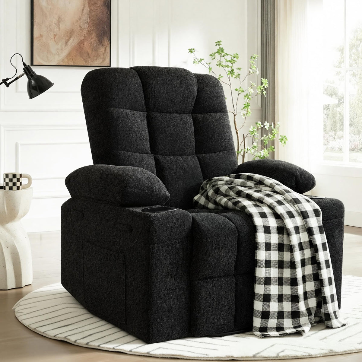 Black Chenille Swivel Rocker Recliner