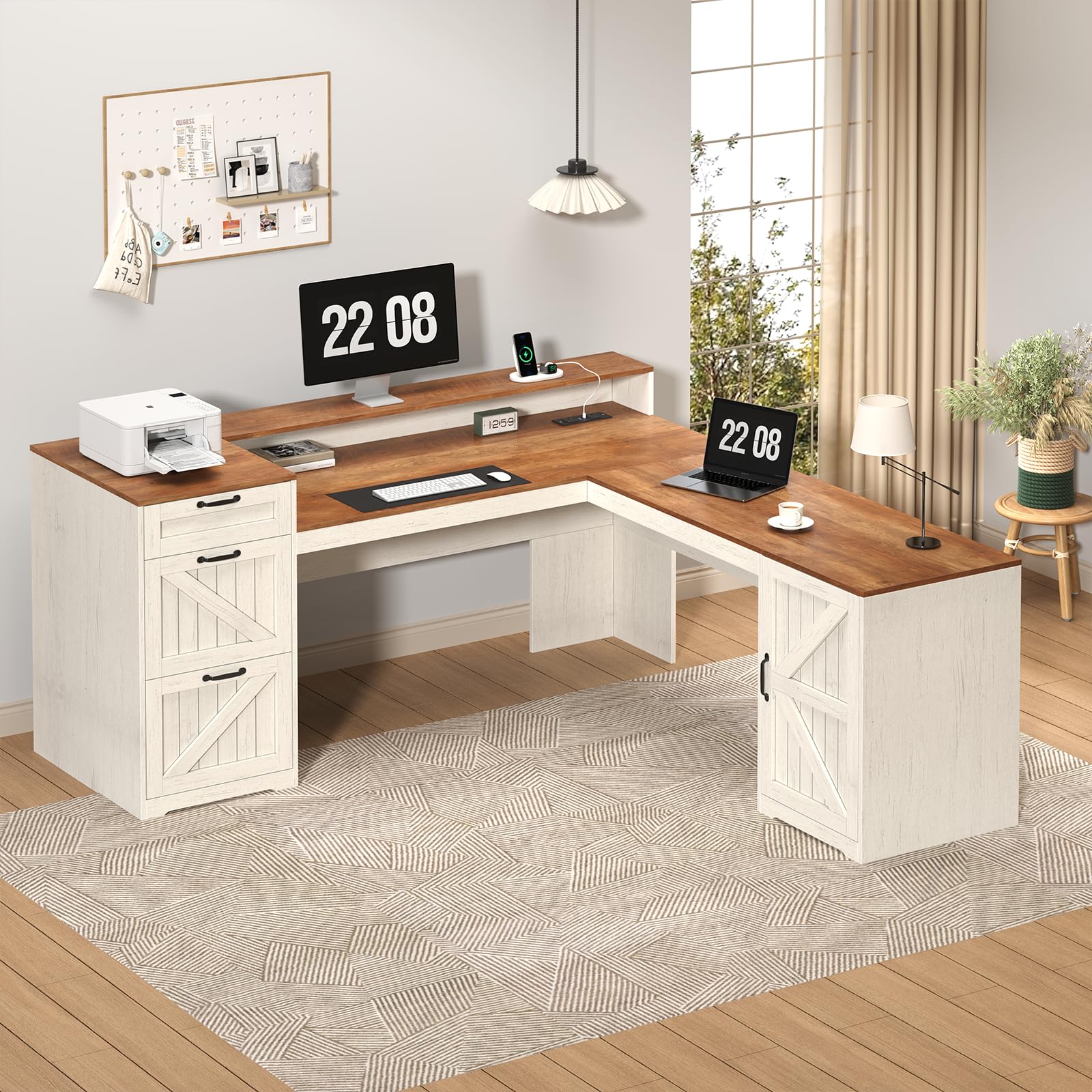 Farmhouse L-Shaped Desk with Drawers, Storage & Power Outlet
