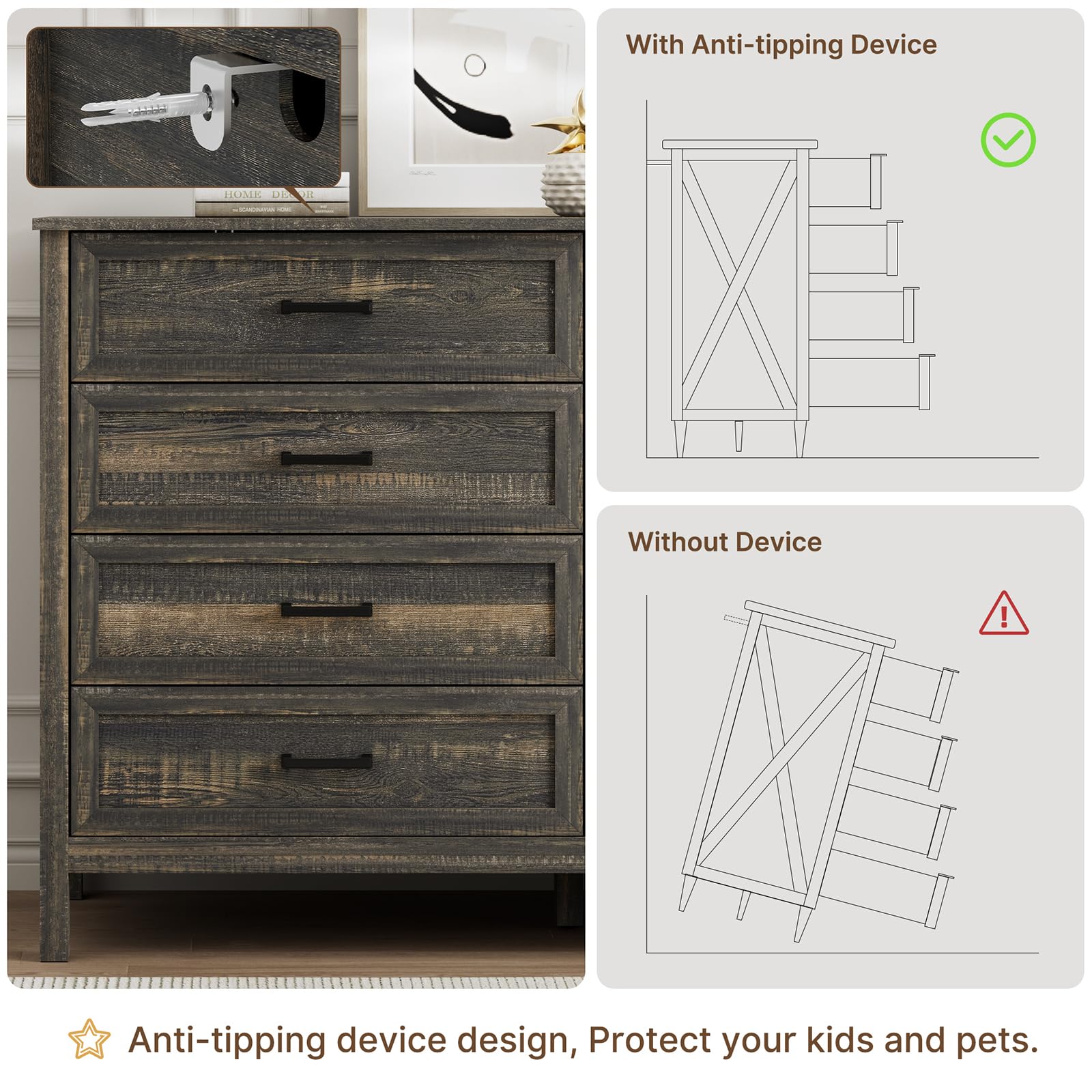 LYNSOM Farmhouse 8 Drawer Dresser for Bedroom, 55 Inch Wide Wood Rustic Chest of Drawers with X-Marking & Bar Handle, Large Storage Dressers Organizer for Bedroom, Living Room, Dark Rustic Oak
