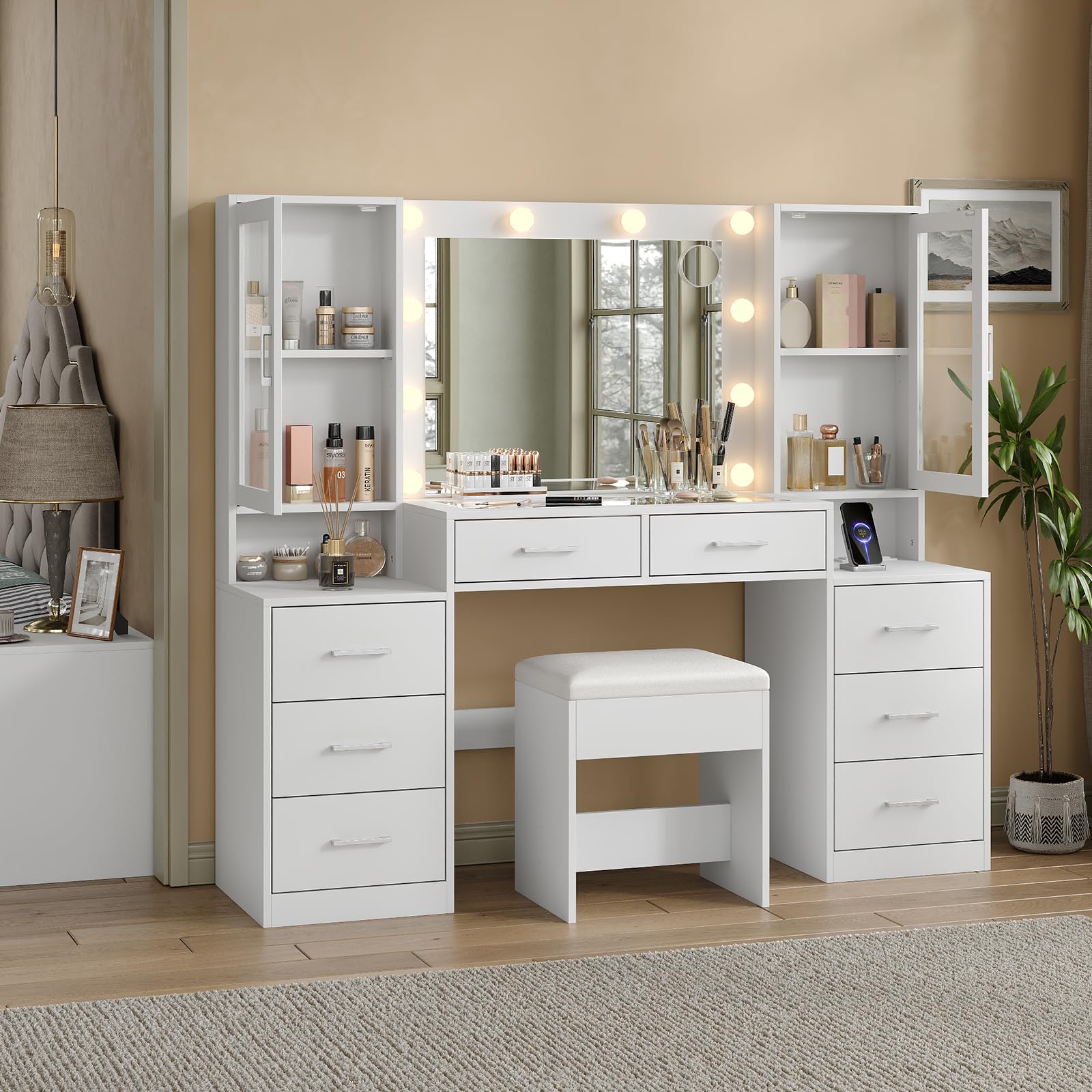 Yanosaku 59'' W Large Makeup Vanity Desk with Mirror and Lights, White Vanity with Power Outlet, 8 Drawers & 2 Cabinets, 3 Lighting Modes Brightness Adjustable, Glass Top Vanity with Chair for Bedroom