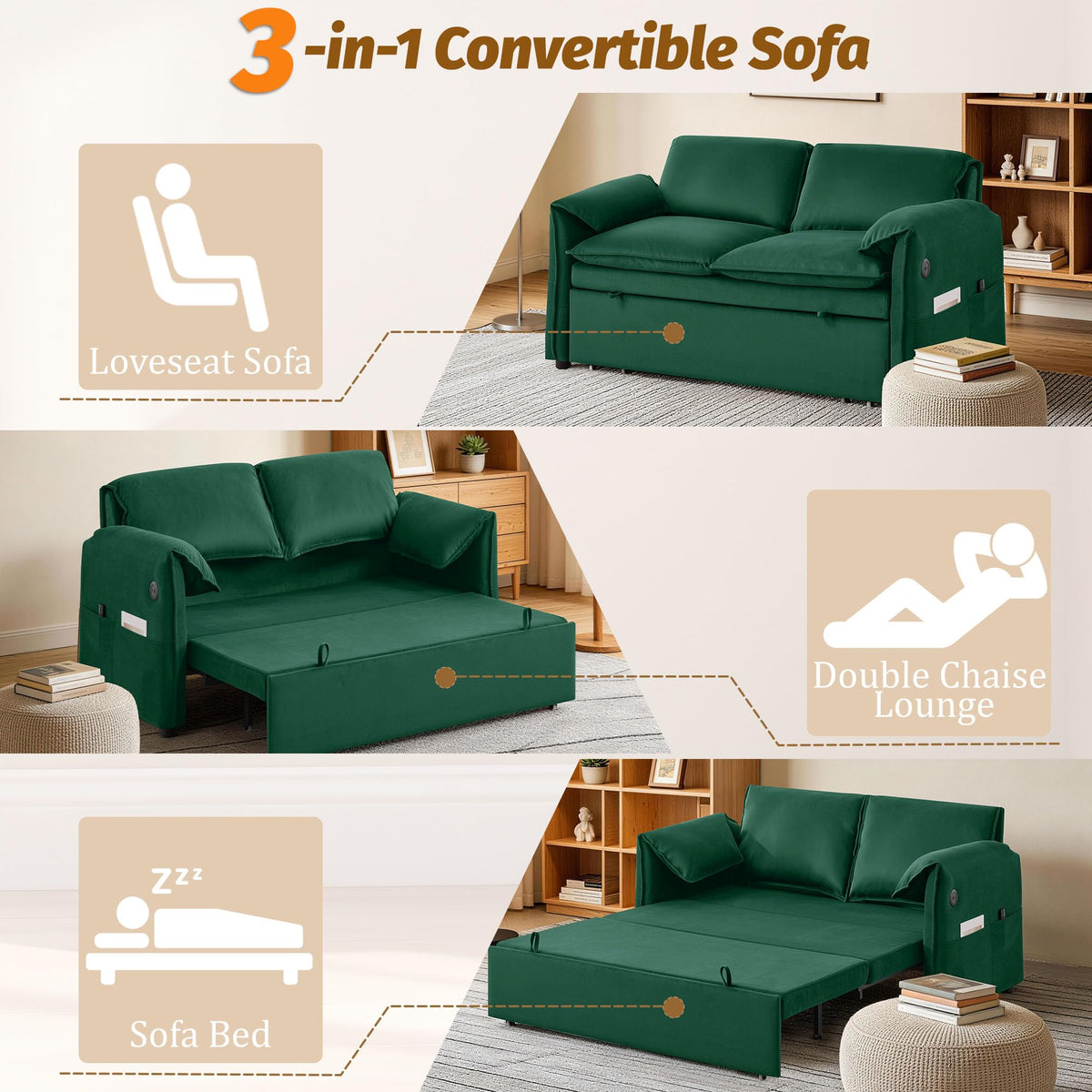 Velvet Convertible Sleeper Loveseat