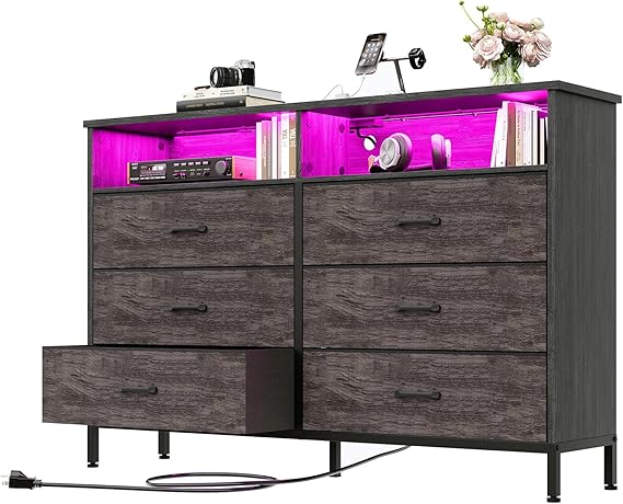 6-Drawer Fabric Dresser with LED Light & Charging Station