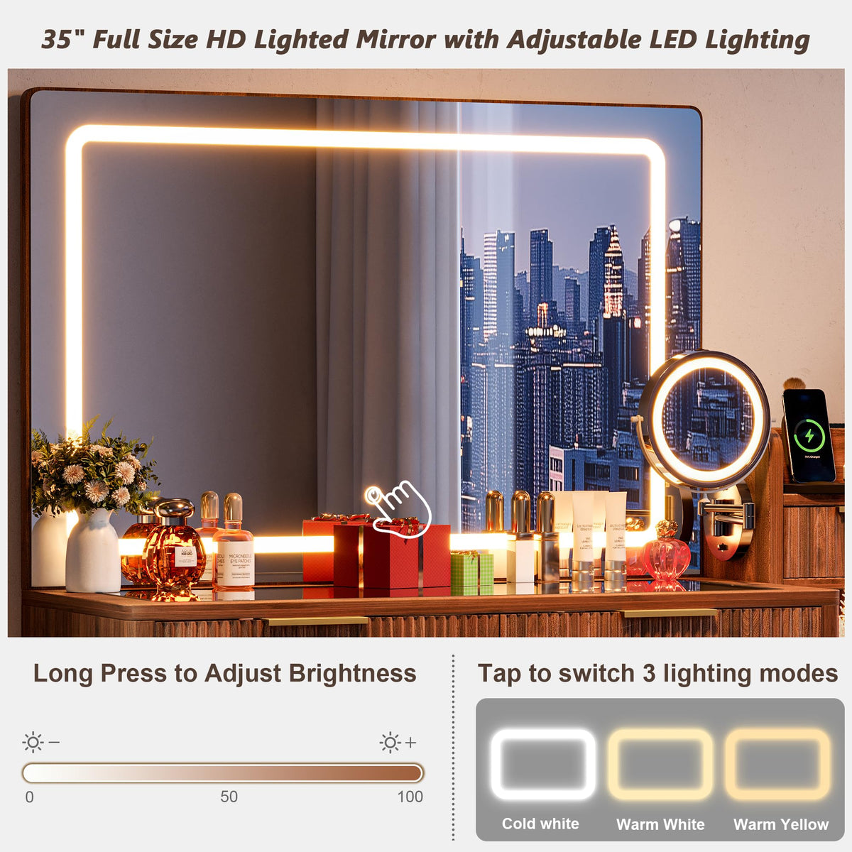 Fluted Glass Top LED Makeup Vanity