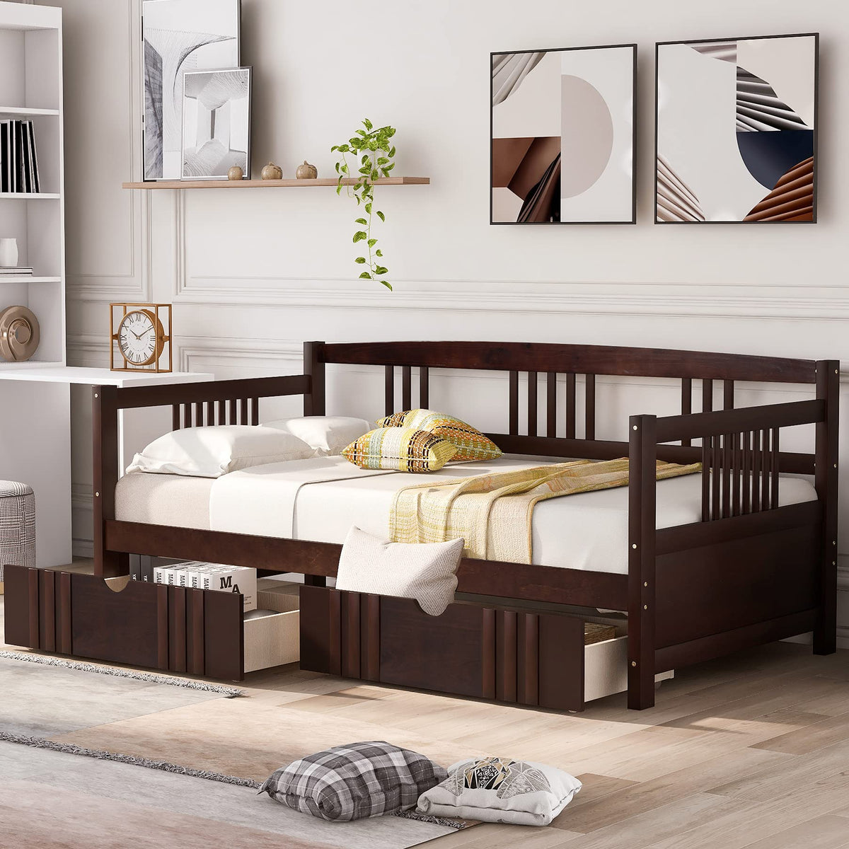Harper & Bright Designs Twin Size Corner Day Bed Frame with Drawers, Solid Wood Daybed with Storage and Headboard, No Box Spring Needed