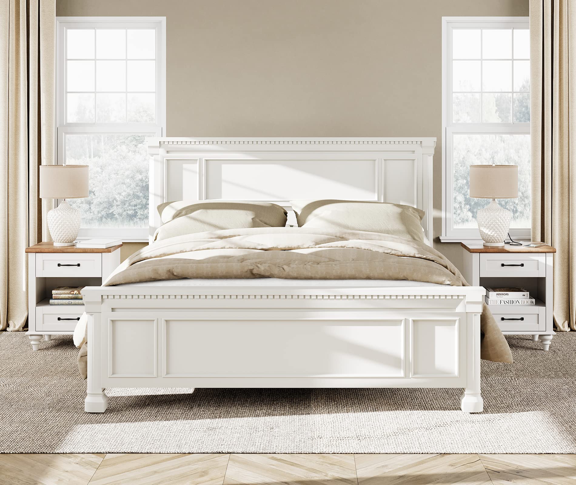 WAMPAT Set of 2 Nightstands with Charging Station Side Table with Two Drawers & Open Shelf, Mid-Century Modern Bedside Tables End Table with Solid Wood Legs, White Night Stand for Bedroom, Living Room