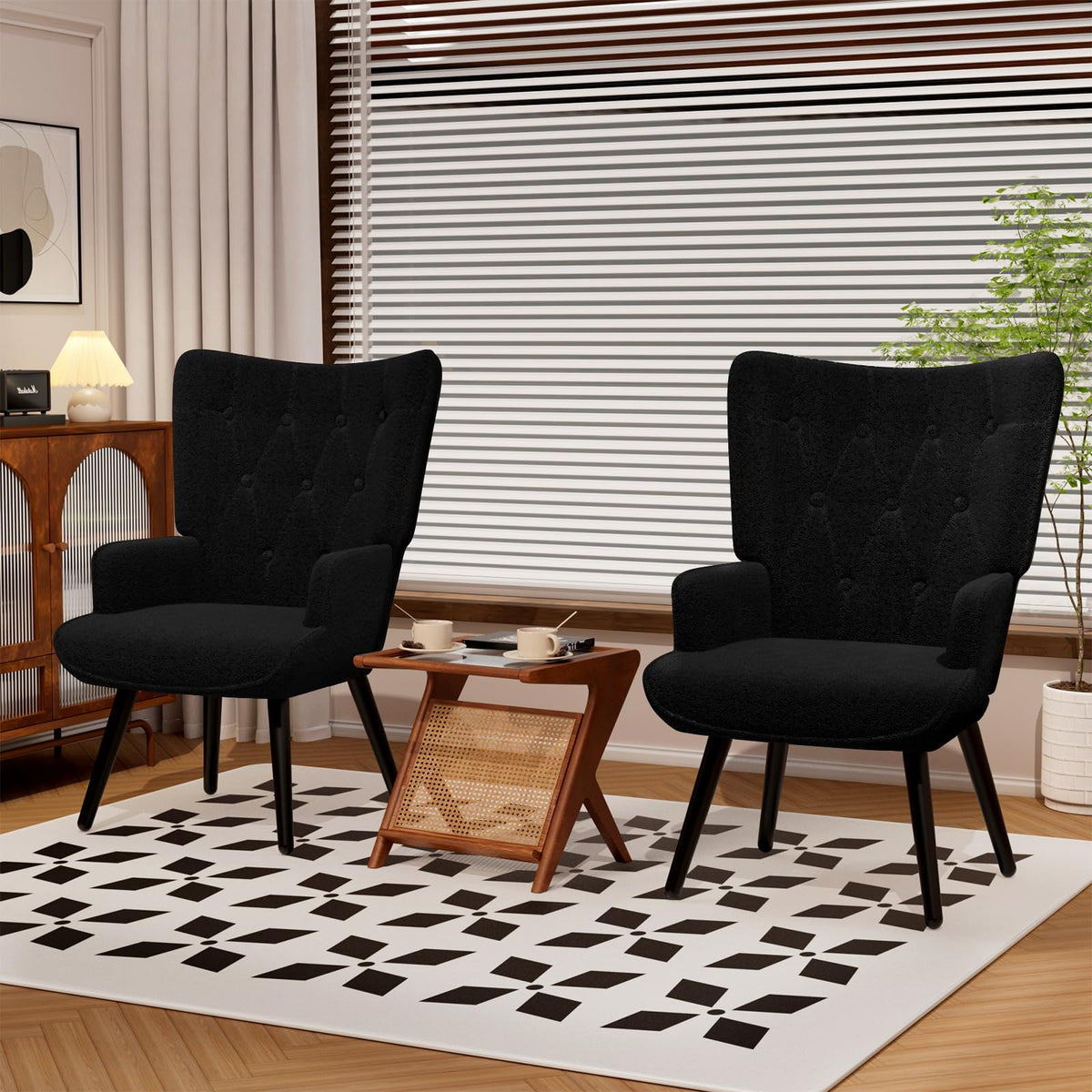 Black Teddy Wingback Chairs, Set of 2
