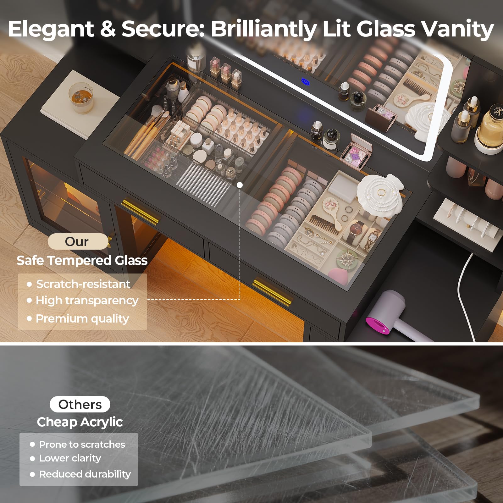 ADORNEVE Makeup Vanity with Mirror & Lights, RGB Cabinets, Vanity Desk with 2 Glass Top Drawers & Power Outlet, for Teen Girls, Women, Black