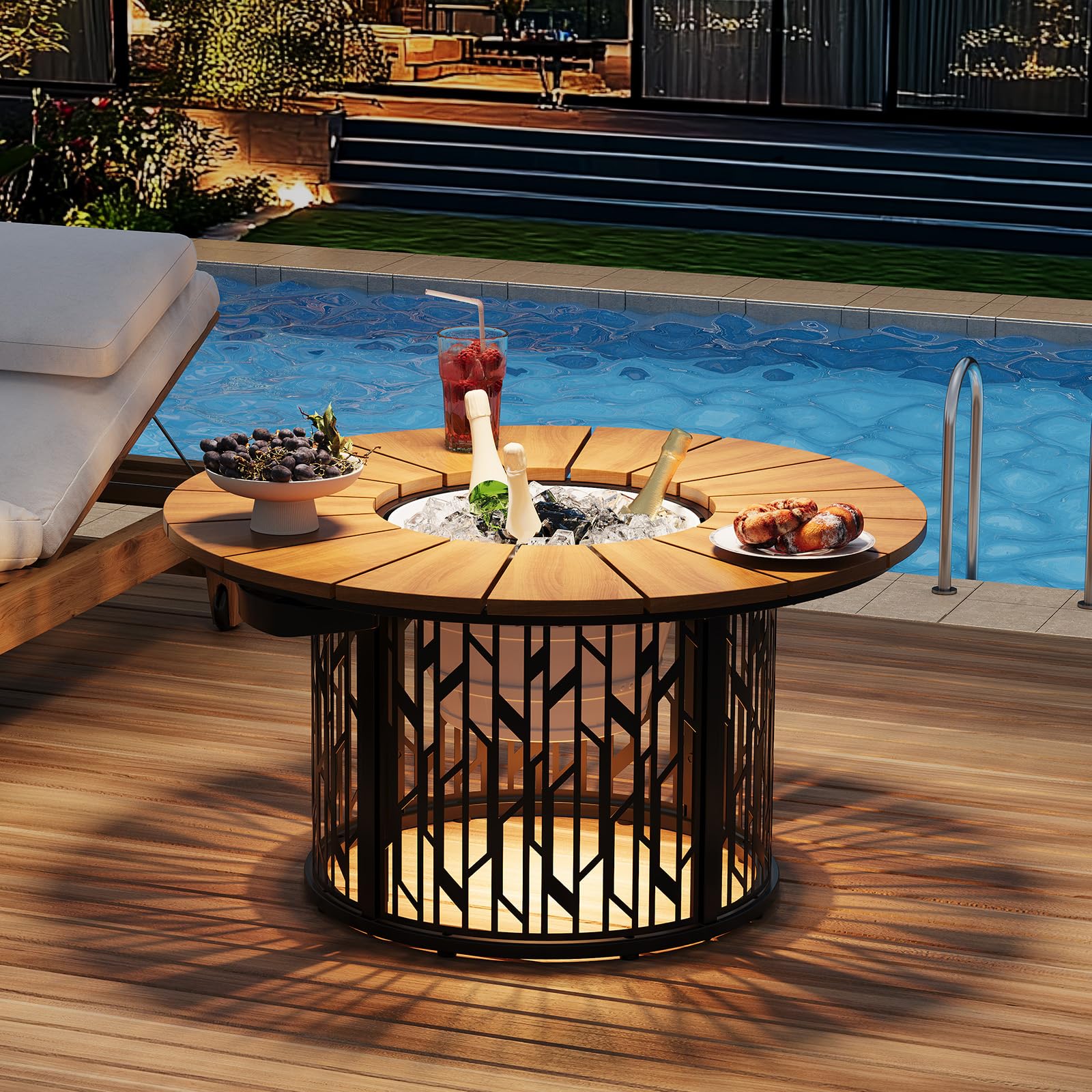 Solar Outdoor Coffee Table with Ice Bucket & LED Light