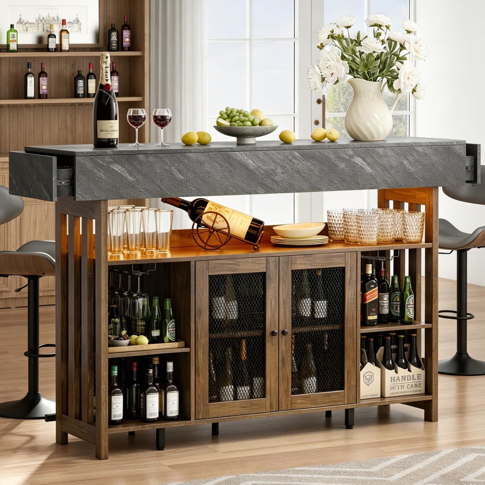 Bar Table Cabinet with LED Lights & Wine Storage