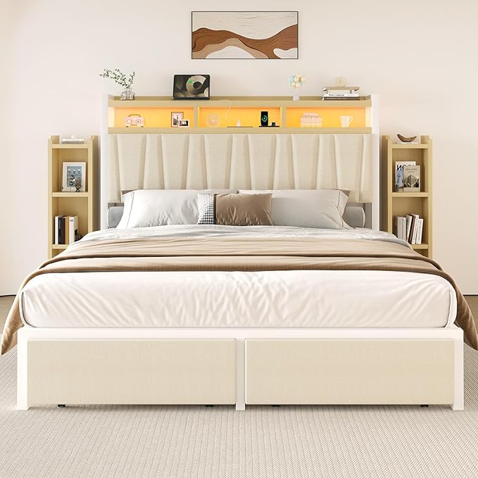 LED Platform Bed Frame with Storage Headboard & Charging Station