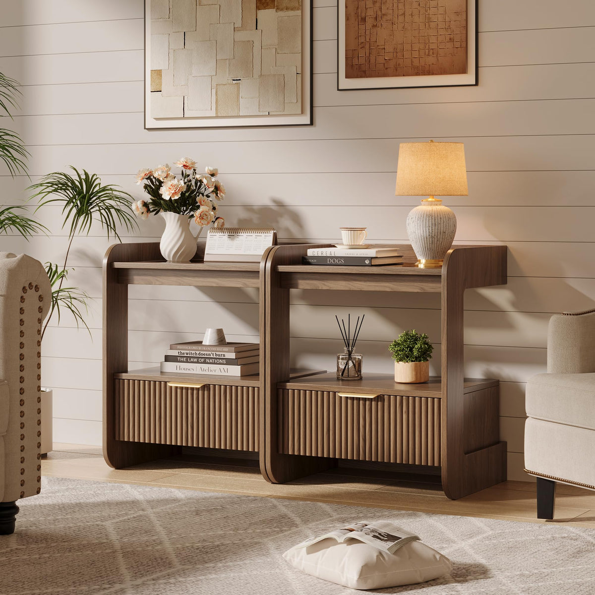 Fluted Nightstands Set of 2, Mid Century Modern Night Stand with Drawer and Open Shelf, Amber Glass Top Wood Bedside End Tables for Bedroom and Living Room