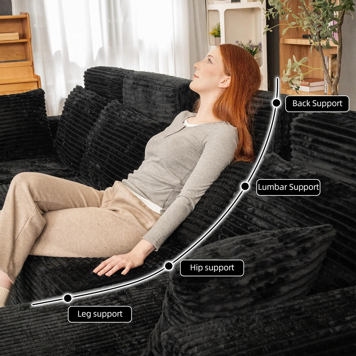 134" Boneless Couch for Living Room, Oversized U Shaped Modular Cloud Sofa with Deep Seat, 6 Seater Convertible Memory Foam Couches, No Assembly Plush Corduroy Sofa (Black)