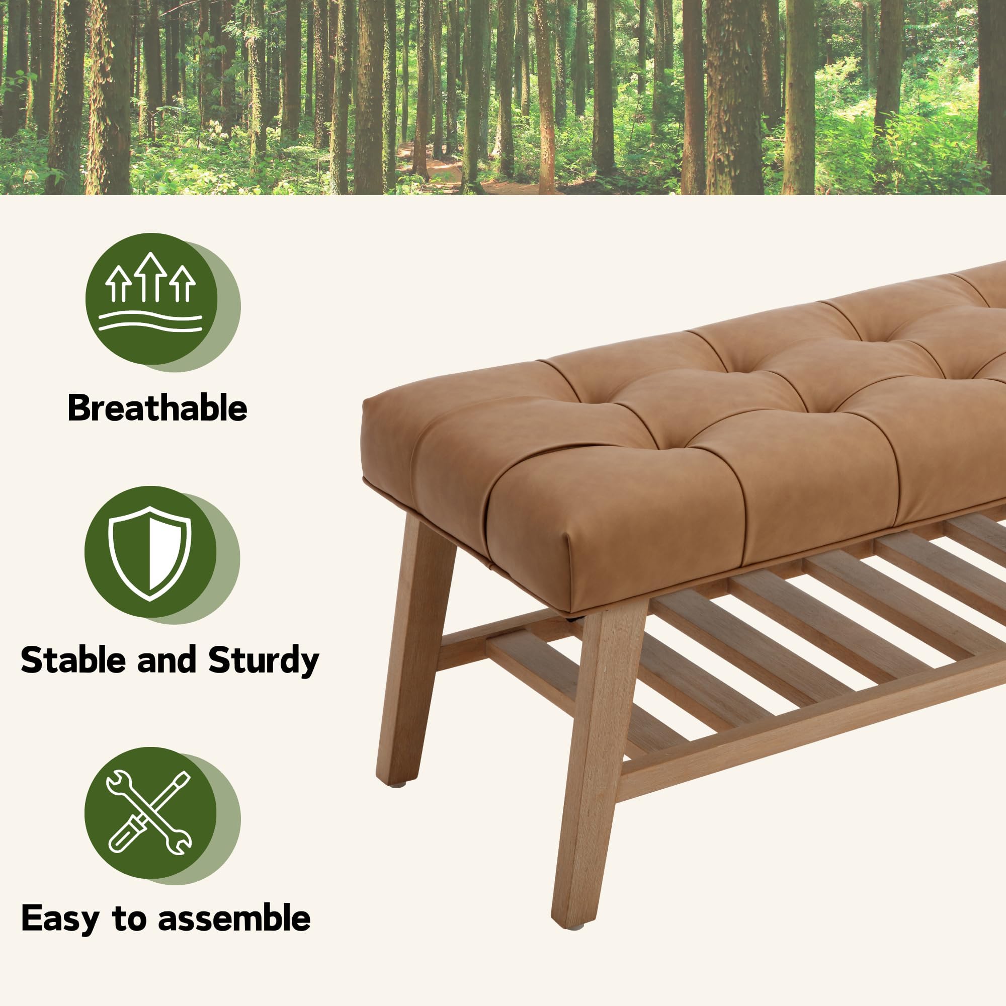 Janoray Entryway Shoe Bench Storage Benches with Upholstered Button Tufted Seat and Open Slatted Shelf PU Leather Ottoman Bench for Hallway Living Room Bedroom End of Bed, Brown