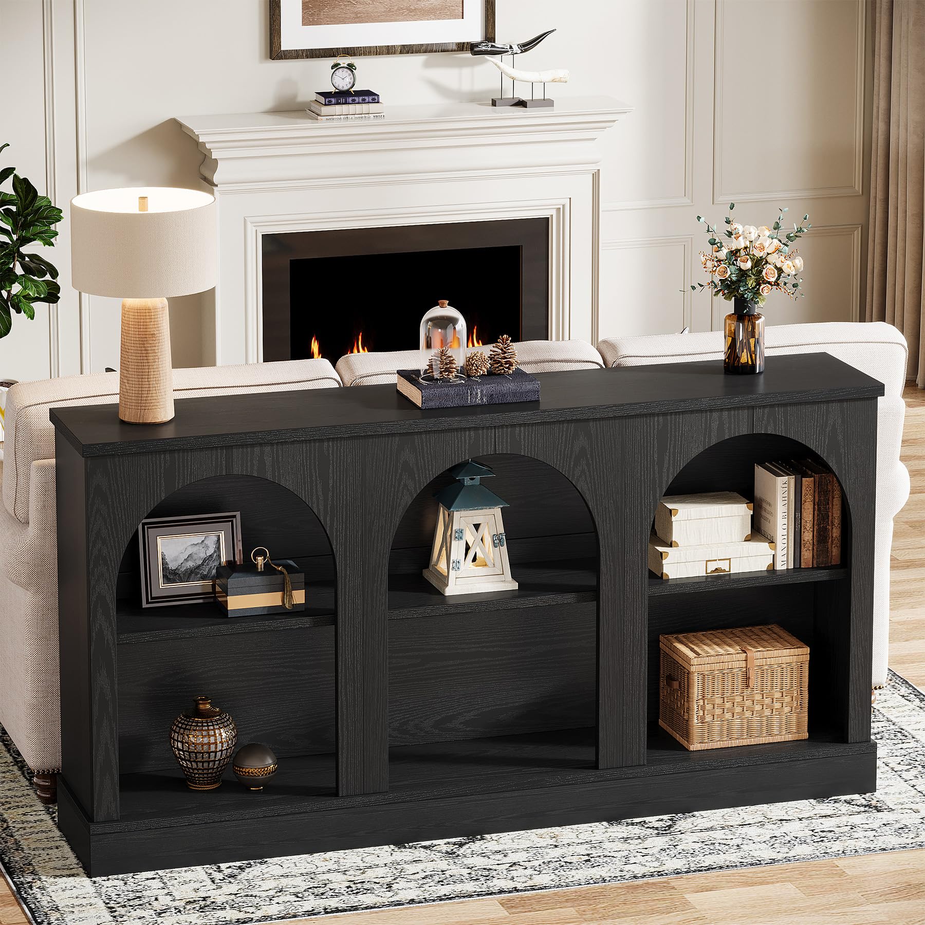 Tribesigns Farmhouse Console Table, 63-Inch Long Entryway Table with 3 Tier Storage, Wooden Rectangular Sofa Table Behind The Couch for Entrance, Hallway, Living Room, Black