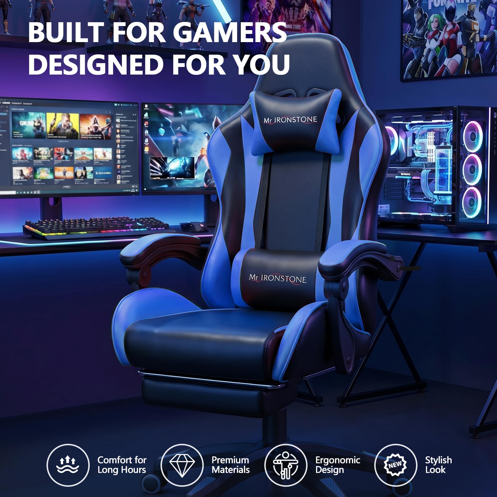 Mr IRONSTONE Gaming Chair with Footrest, Ergonomic Reclining Gamer Chair with Lumbar Support & Massage, High Back Racing Style Video Game Chair, Adjustable Headrest, Swivel Desk Chair, Blue