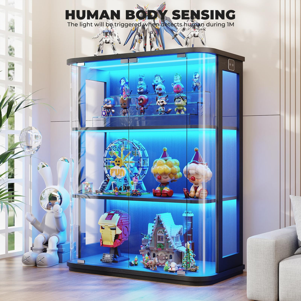 BROTTAR 3-Tier Rounded Display Cabinet with Lights&Human Body Sensor Black