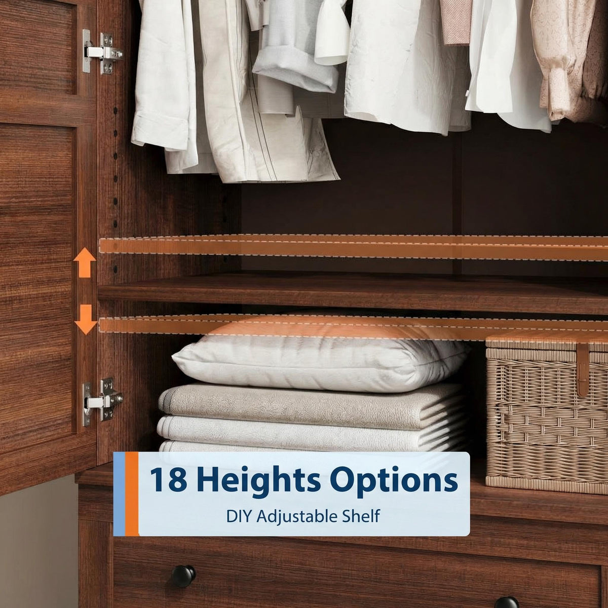 IDEALHOUSE 72" Armoire Wardrobe Closet with 2 Drawers, Heavy Duty Wooden Clothing Storage Cabinet with Hanging Rod and Adjustable Shelves, Large Bedroom Armoire with Doors, Walnut