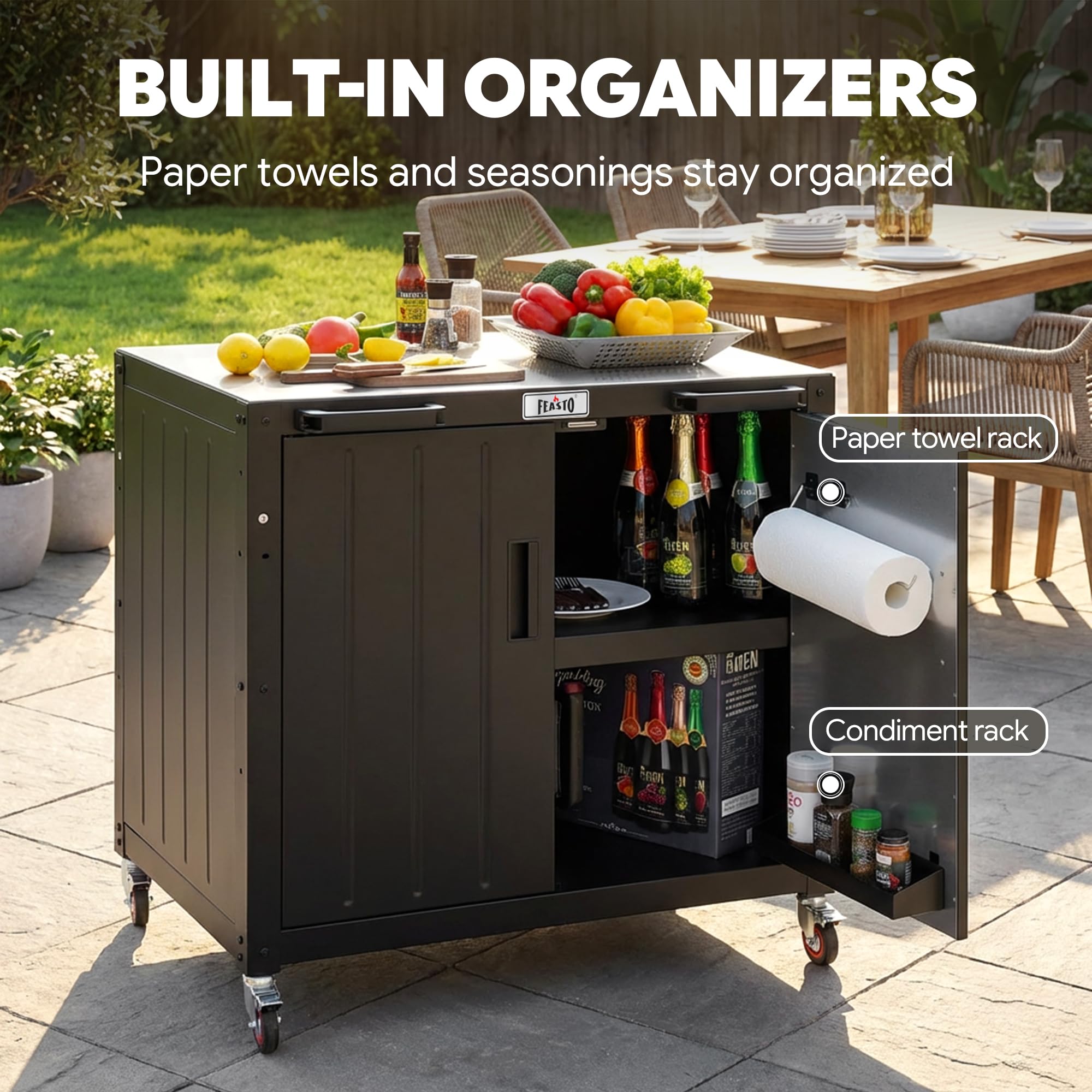Outdoor Kitchen Island Grill Cart with Storage Cabinet & Stainless Steel Top