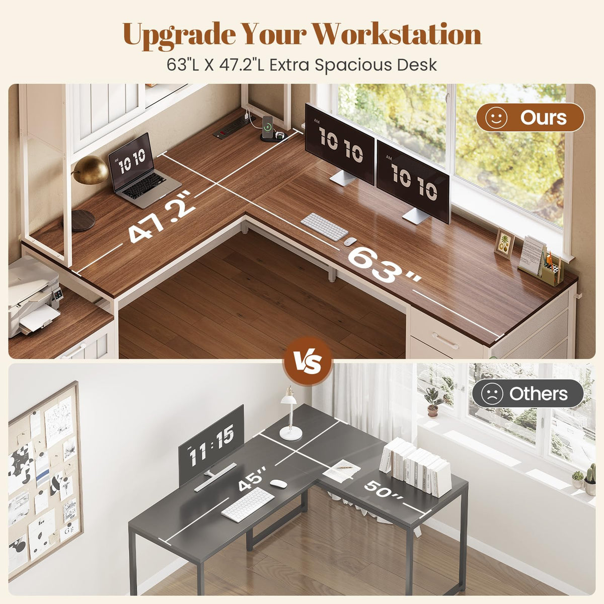 SEDETA Reversible Farmhouse L Shaped Office Desk with 6 Drawer, Hutch