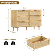 FUQARHY 6 Drawer Dresser Rattan Dresser Modern Chest with Drawers,Wood Storage Closet Dressers Chest of Drawers for Bedroom,Living Room,Hallway (Natural)
