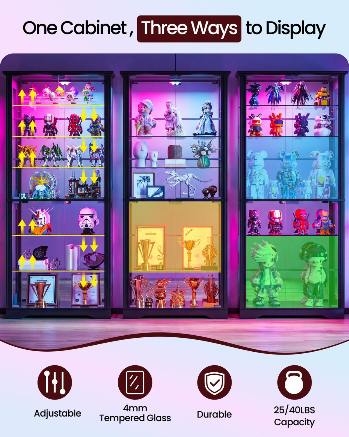 TAGELIER Glass Display Cabinet with RGB Lights & Adjustable Shelves