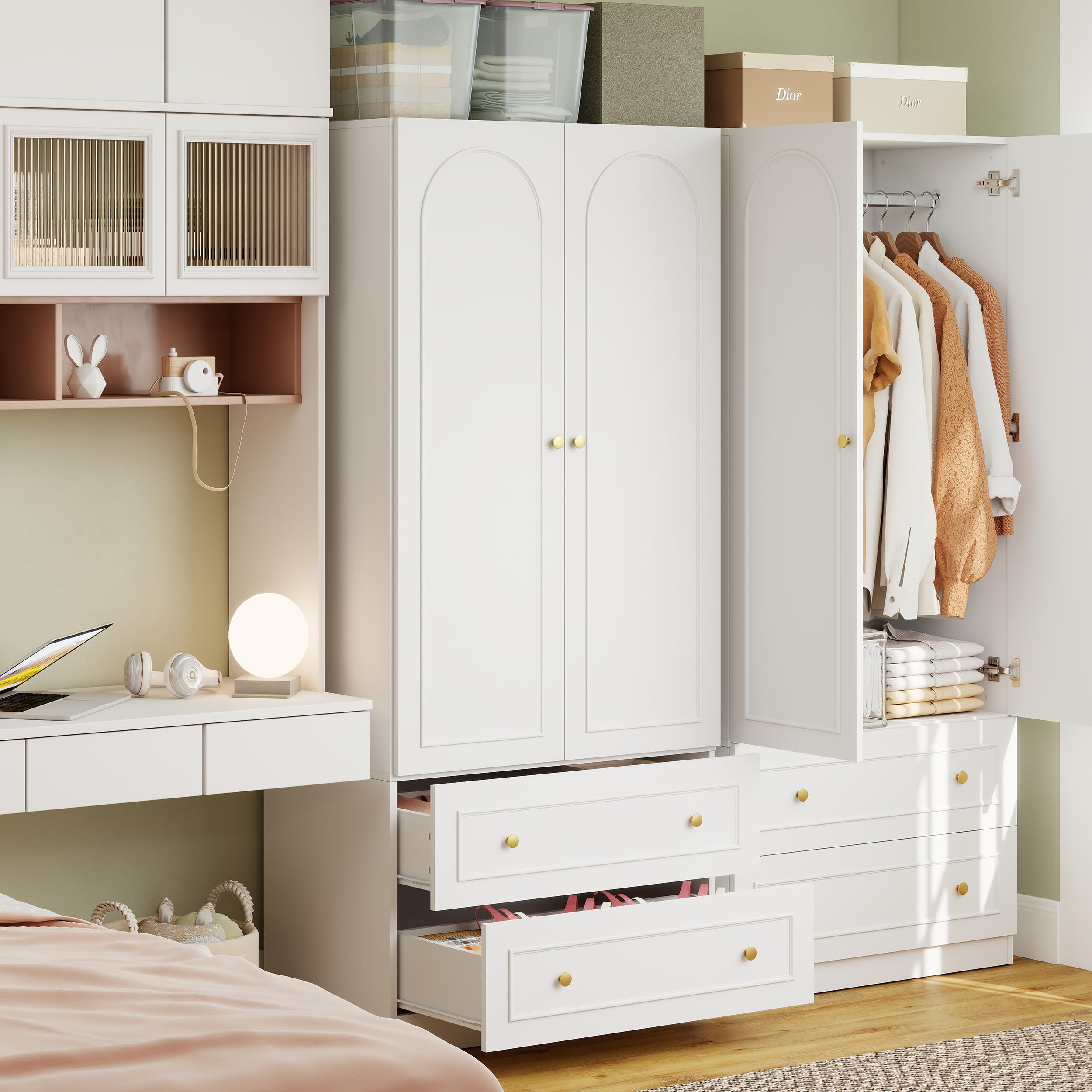 Wooden Armoire Wardrobe Closet with 2 Doors & 2 Drawers