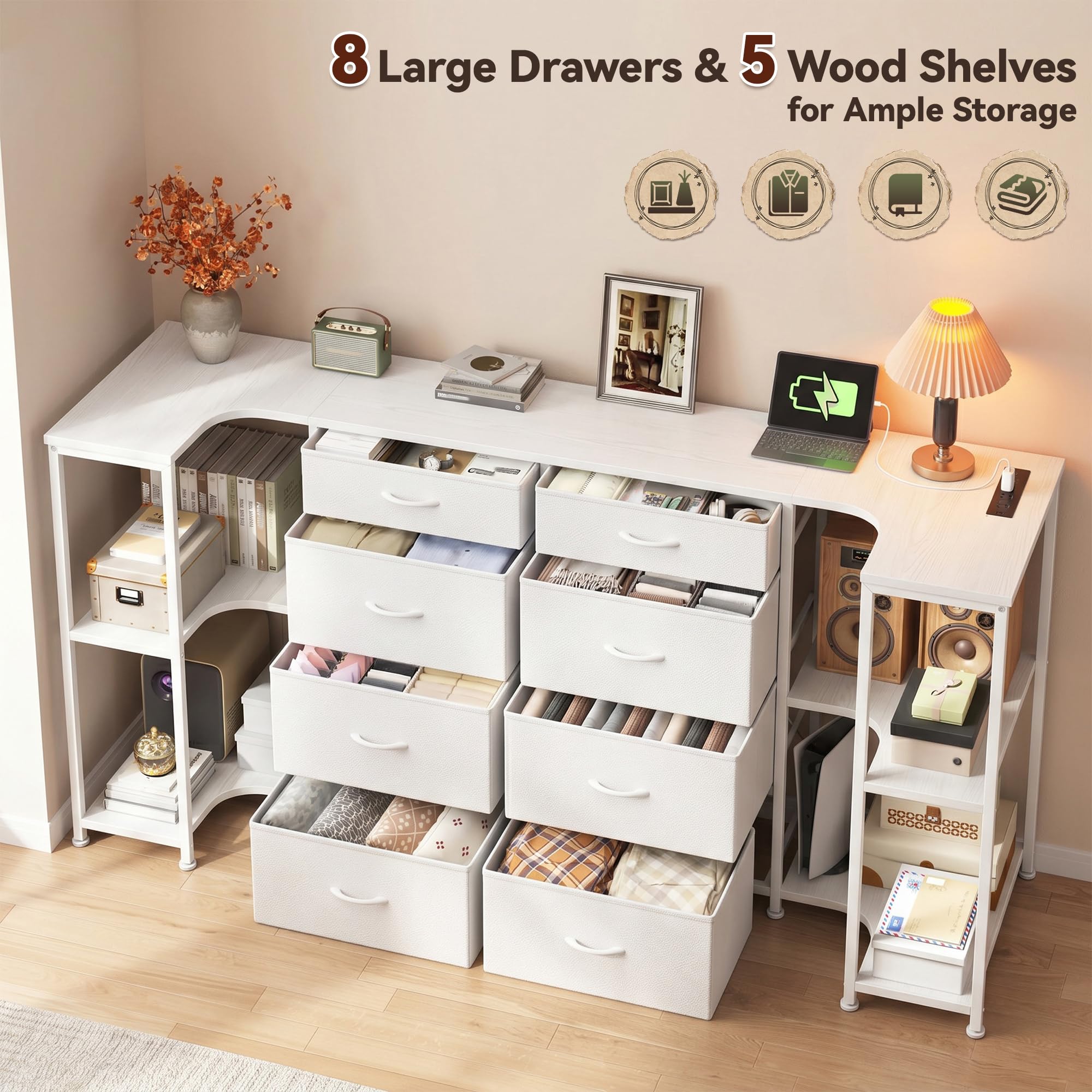 White Dresser for Bedroom with Charging Station,8 Drawer TV Stand for 55 65 75 inch TV,3-in-1 Configurable U-Shape/L-Shape/Linear,Large Chest of Drawers with 5 Storage Shelves for Gaming Room,Hallway