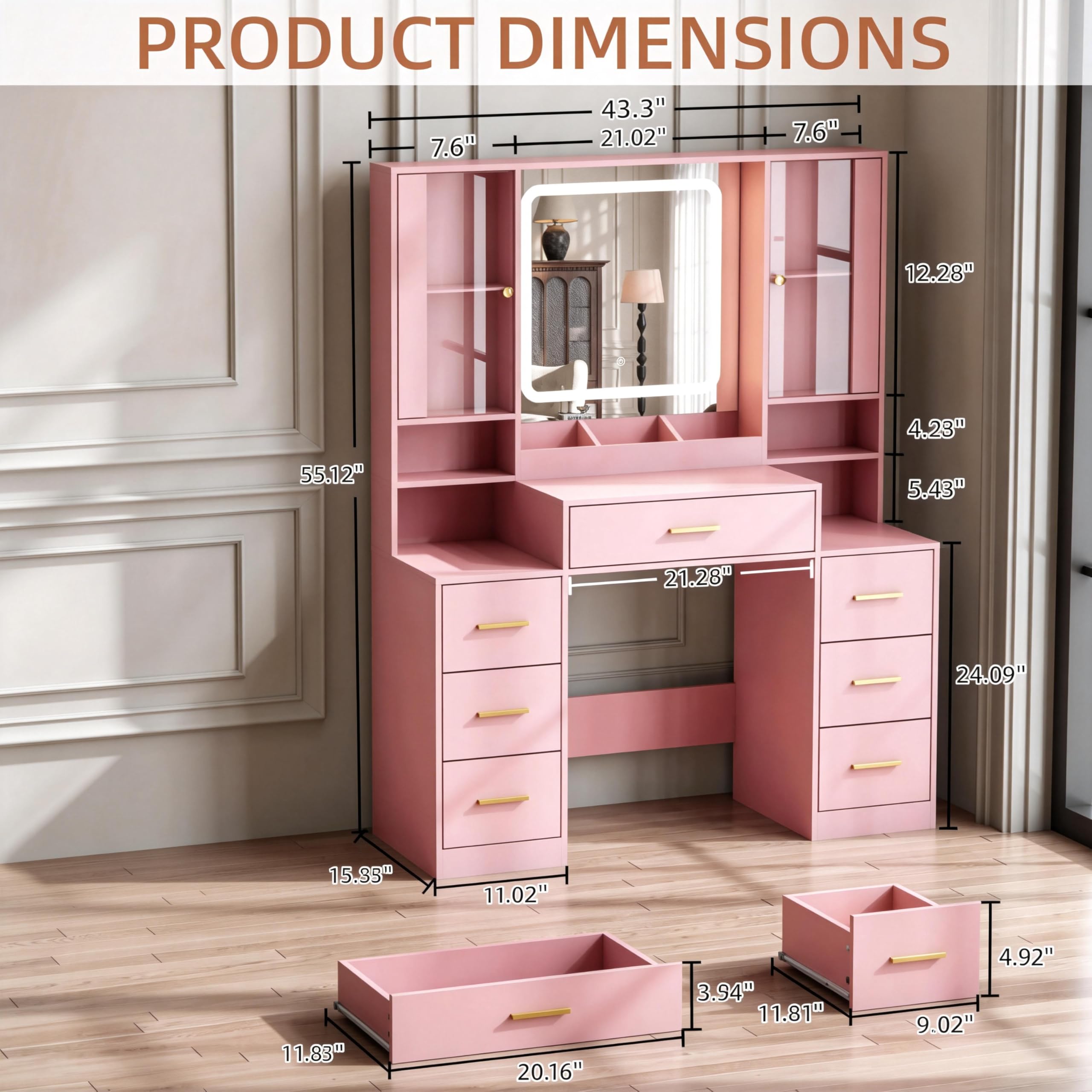 ANYMAPLE Vanity Desk with Mirror & Lights, Makeup Vanity with Power Strip, 7 Drawers & 2 Cabinets, Hair Dryer Holder, RGB Cabinet Lighting, 3-Color Dimmable Mirror