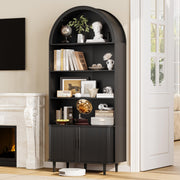 DHH 71" Tall Arched Bookshelf, 5 Tiers Arch Bookcase with Storage, Modern Farmhouse Book Shelf with Adjustable Shelves ＆Sliding Doors, Wood Display Cabinet for Living Room, Office (Black)