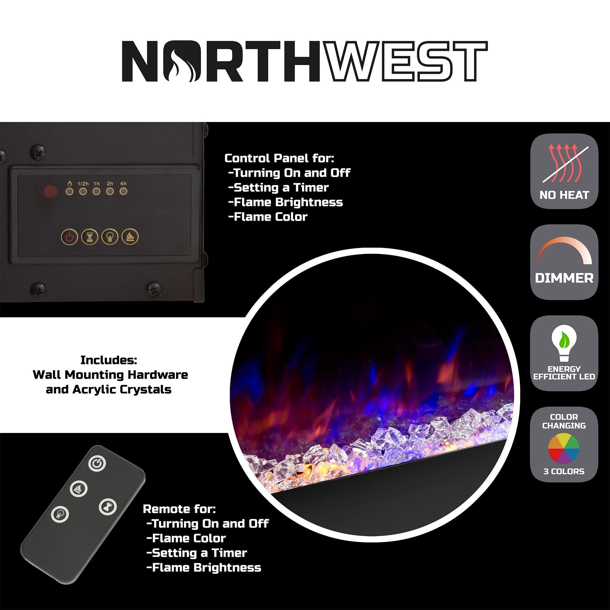Northwest 54 Inch No Heat Wall Mounted Fireplace - Adjustable LED Flame Color and Brightness Electric Fireplace Wall Mounted with Crystal Background, Timer and Remote (Black)
