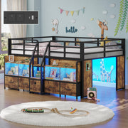 BYSAUD Full Low Loft Bed with 5 Storage Drawers and 6 Bookcases, Brown